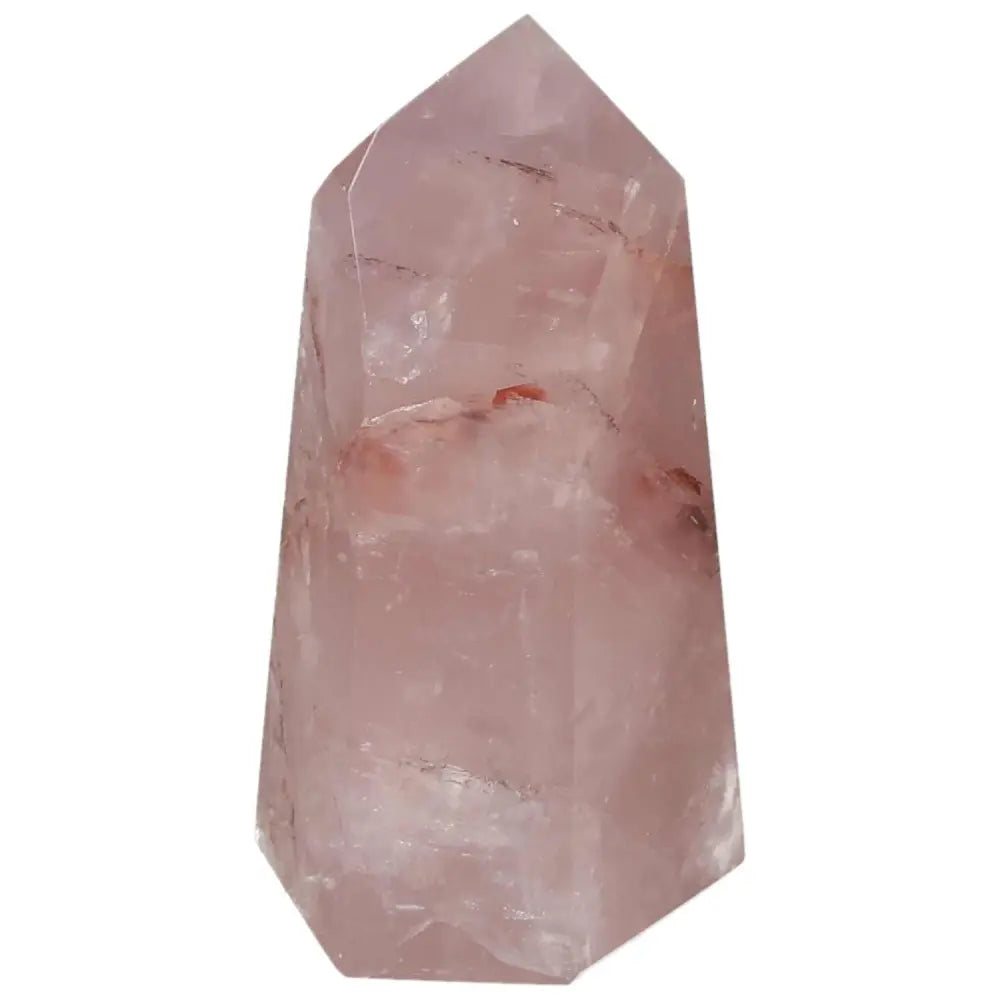 Pink quartz crystal standing on its pointed end, showcasing natural textures and clarity.