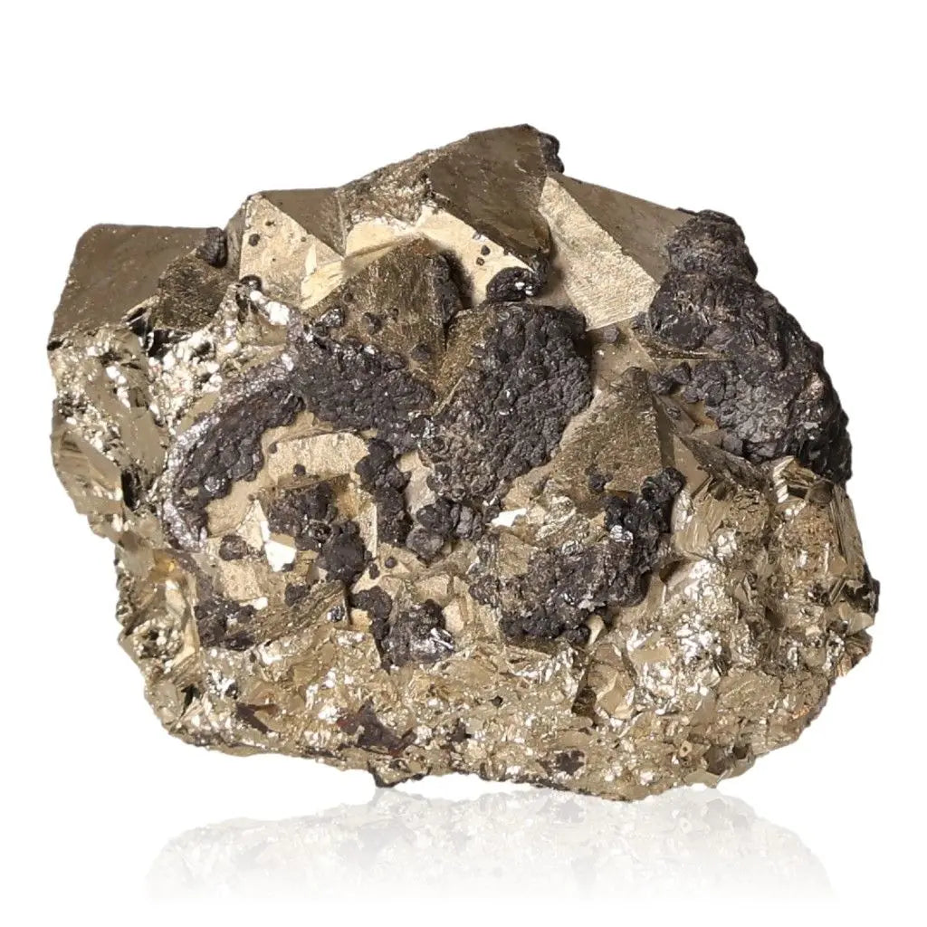 Rough pyrite crystal with metallic sheen and textured surface on a white background.