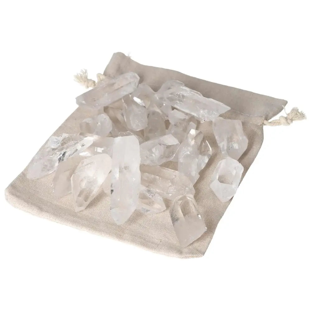 Bag of 20 clear quartz points weighing 1 kg, known for purification and absorbing negative energy, displayed on a fabric pouch.