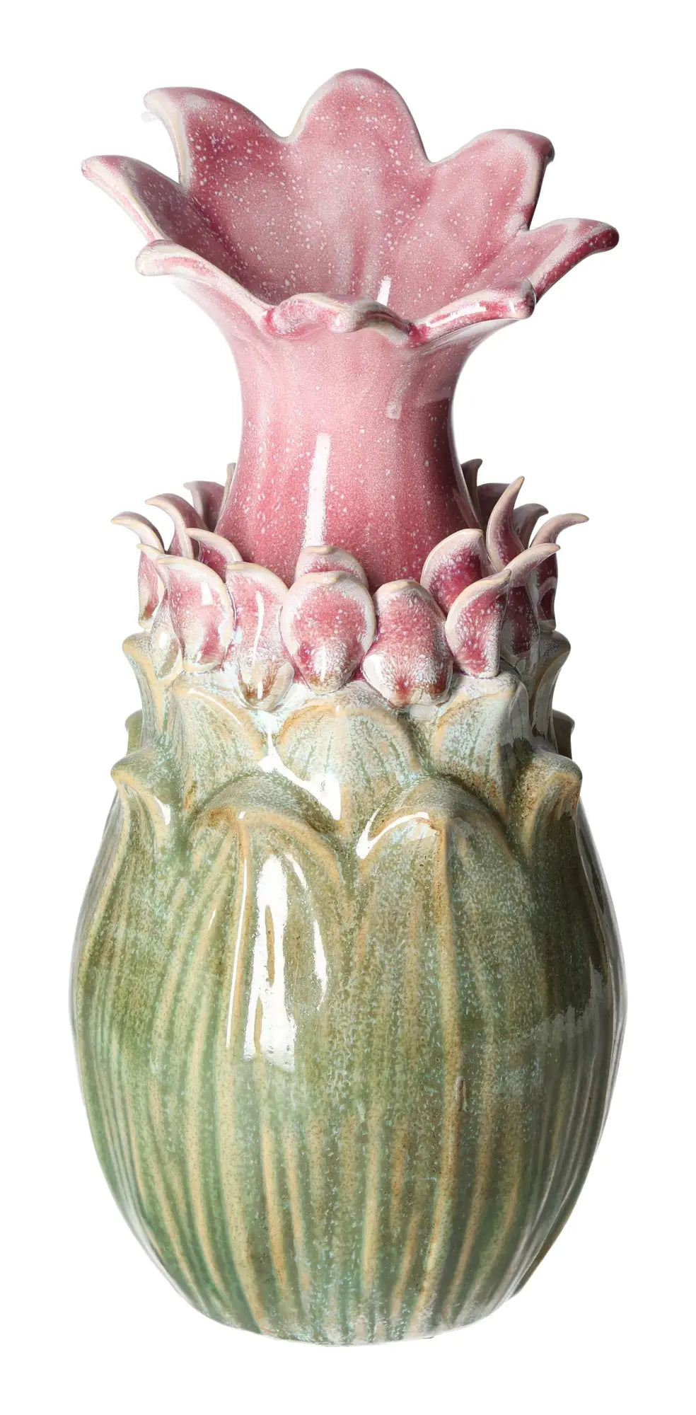 Elegant colorful stoneware vase featuring floral design, vibrant pink and green hues, 16x16x34, perfect for luxury décor and spiritual artistry.