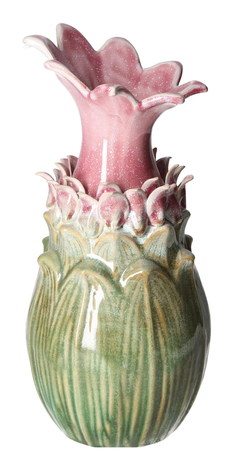 Colorful stoneware vase featuring a pink floral top with green leafy base, showcasing Sylvia Crystals' luxurious and spiritual design.