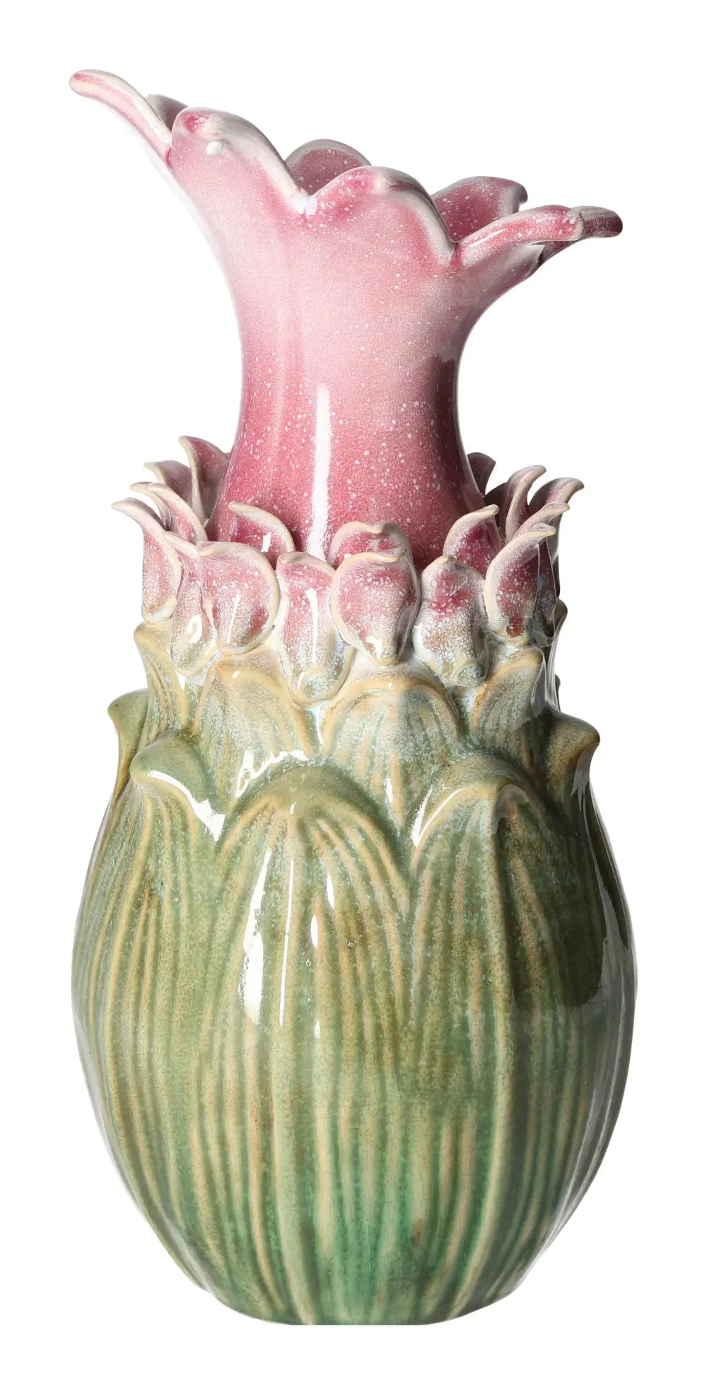 Colorful stoneware vase 16x16x34 featuring vibrant pink and green design with floral shape, perfect for luxury home décor.
