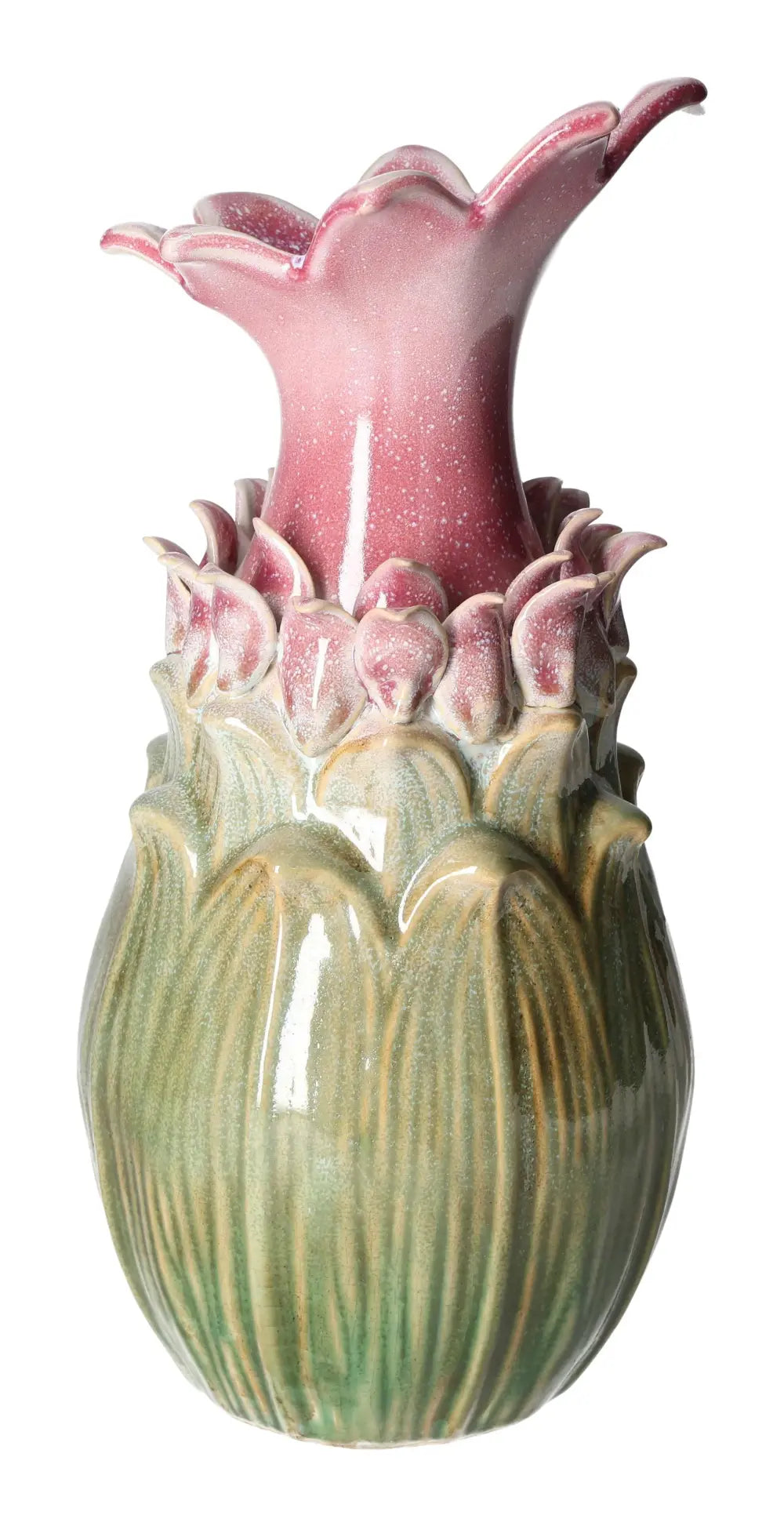Colorful stoneware vase with pink, green, and gold hues, featuring an intricate floral design; Sylvia Crystals luxury decor.