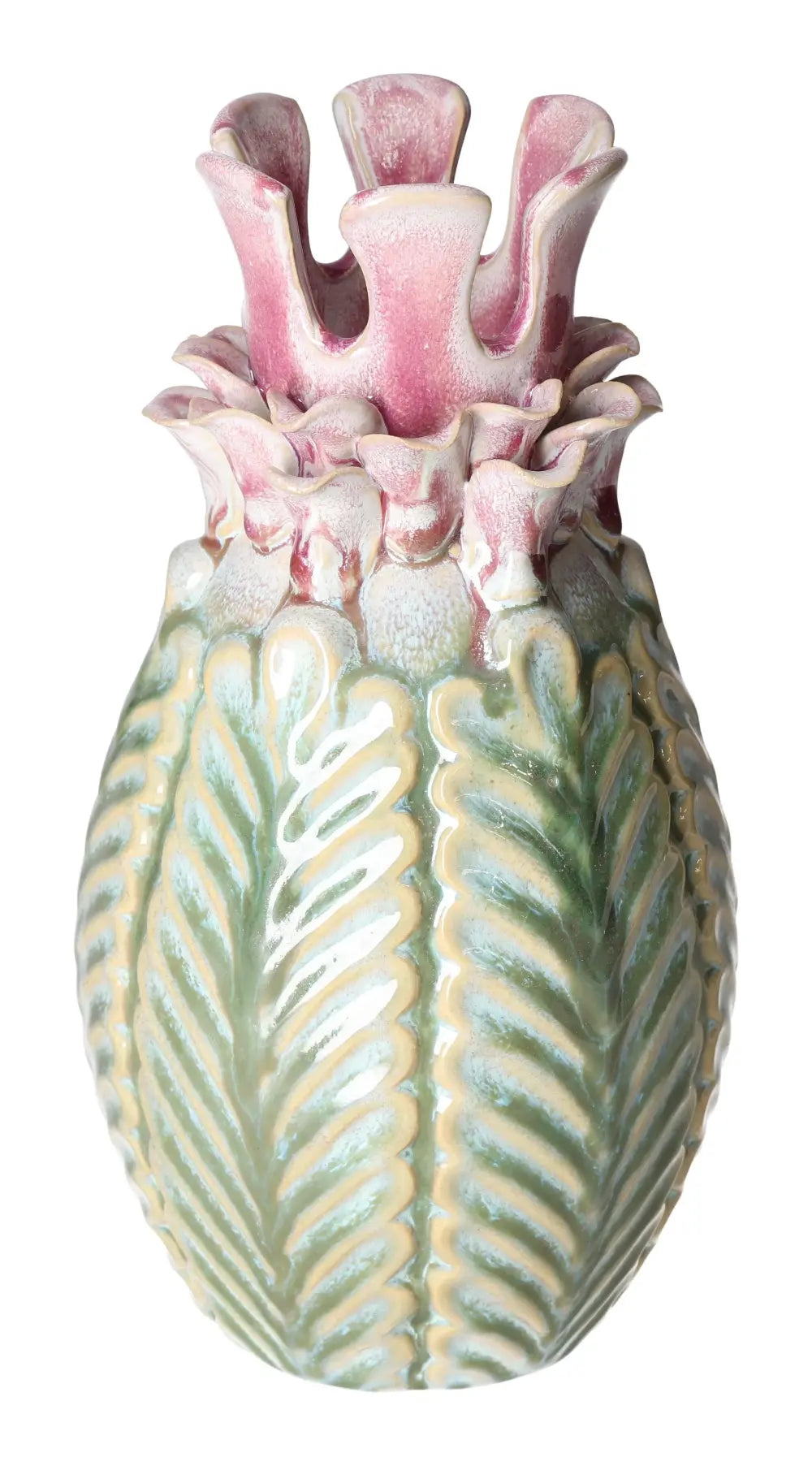 Decorative ceramic pineapple vase with pink and green detailing, featuring a textured leaf pattern and unique artistic design.