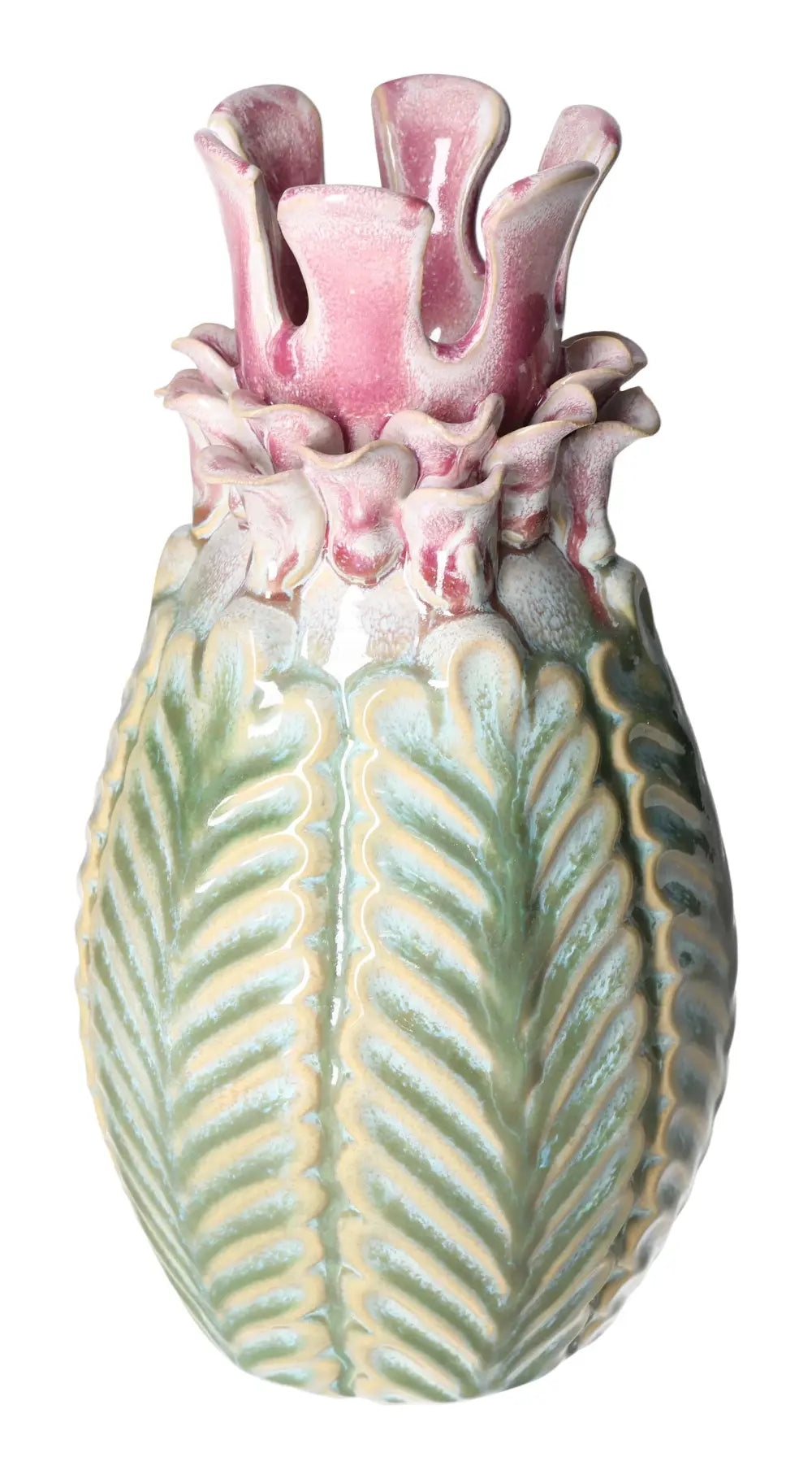 Colorful stoneware vase featuring vibrant leaf patterns and pink floral accents, embodying exquisite artistry and luxury.