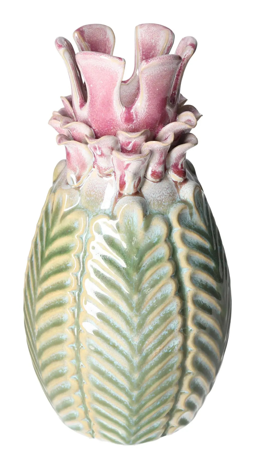 Artistic colorful stoneware vase with pink and green leaf design, reflecting elegant and spiritual charm by Sylvia Crystals.