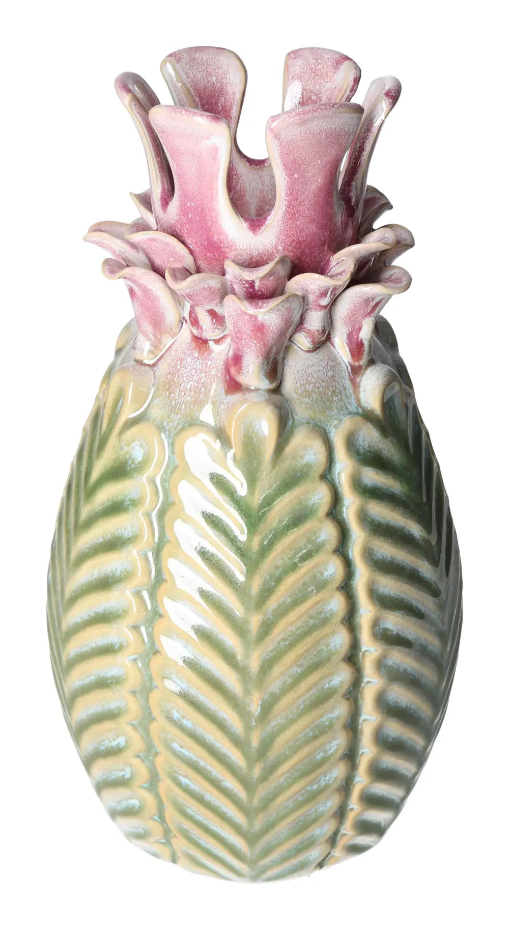 Colorful stoneware vase with pink and green leaf design, 15.5x28.5 cm, by Sylvia Crystals, showcasing artistic elegance and luxury.