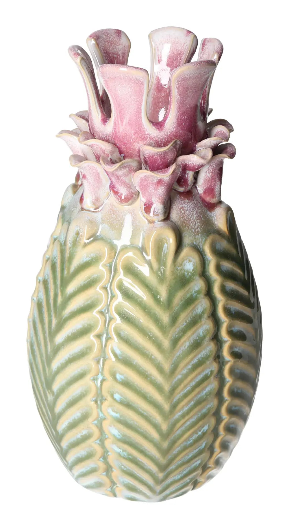 Colorful stoneware vase with vibrant pink and green design, resembling a pineapple, showcasing elegant artistry and craftsmanship.
