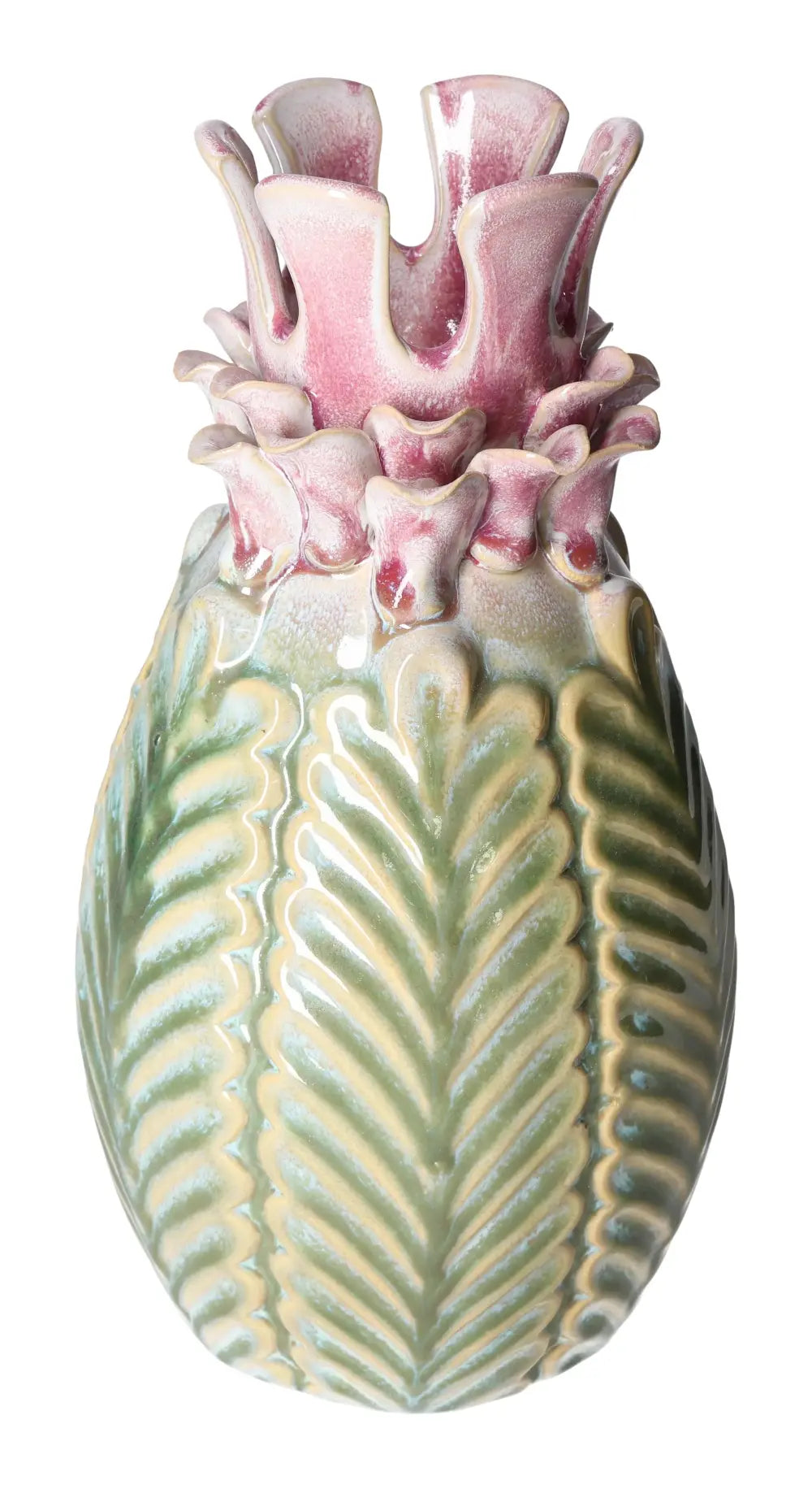 Alt Tag: Colorful stoneware vase with pink and green hues, symbolizing artistry and conscious luxury, by Sylvia Crystals.