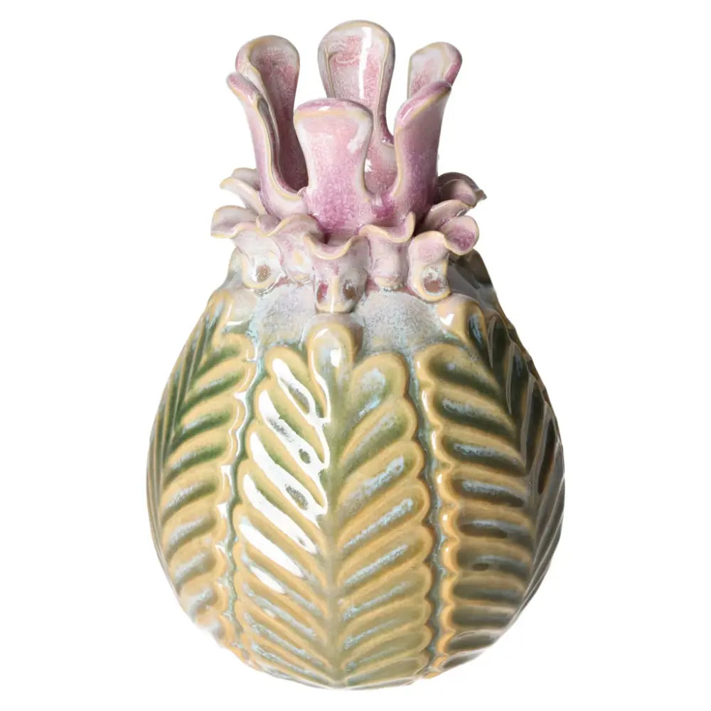 Colorful ceramic vase with intricate leaf patterns and purple detailing, showcasing artisanal craftsmanship.