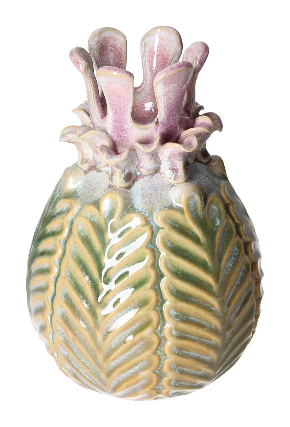 Artistic colorful stoneware vase with intricate leaf patterns and vibrant hues, embodying luxury and conscious living by Sylvia Crystals.