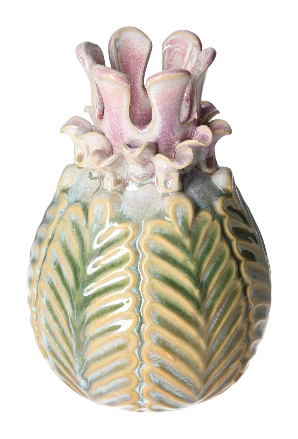 Unique colorful stoneware vase with intricate leaf design, featuring a vibrant pink, green, and yellow palette for luxury home decor.