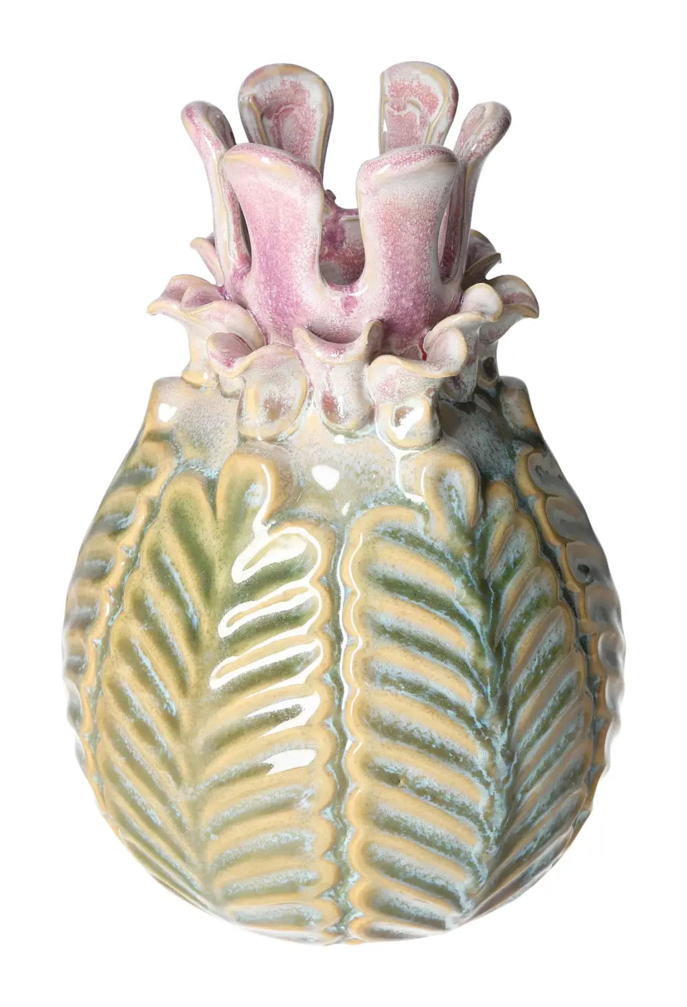 Unique sculptural vase with intricate pastel leaf and floral design, showcasing artistic craftsmanship and vibrant texture.