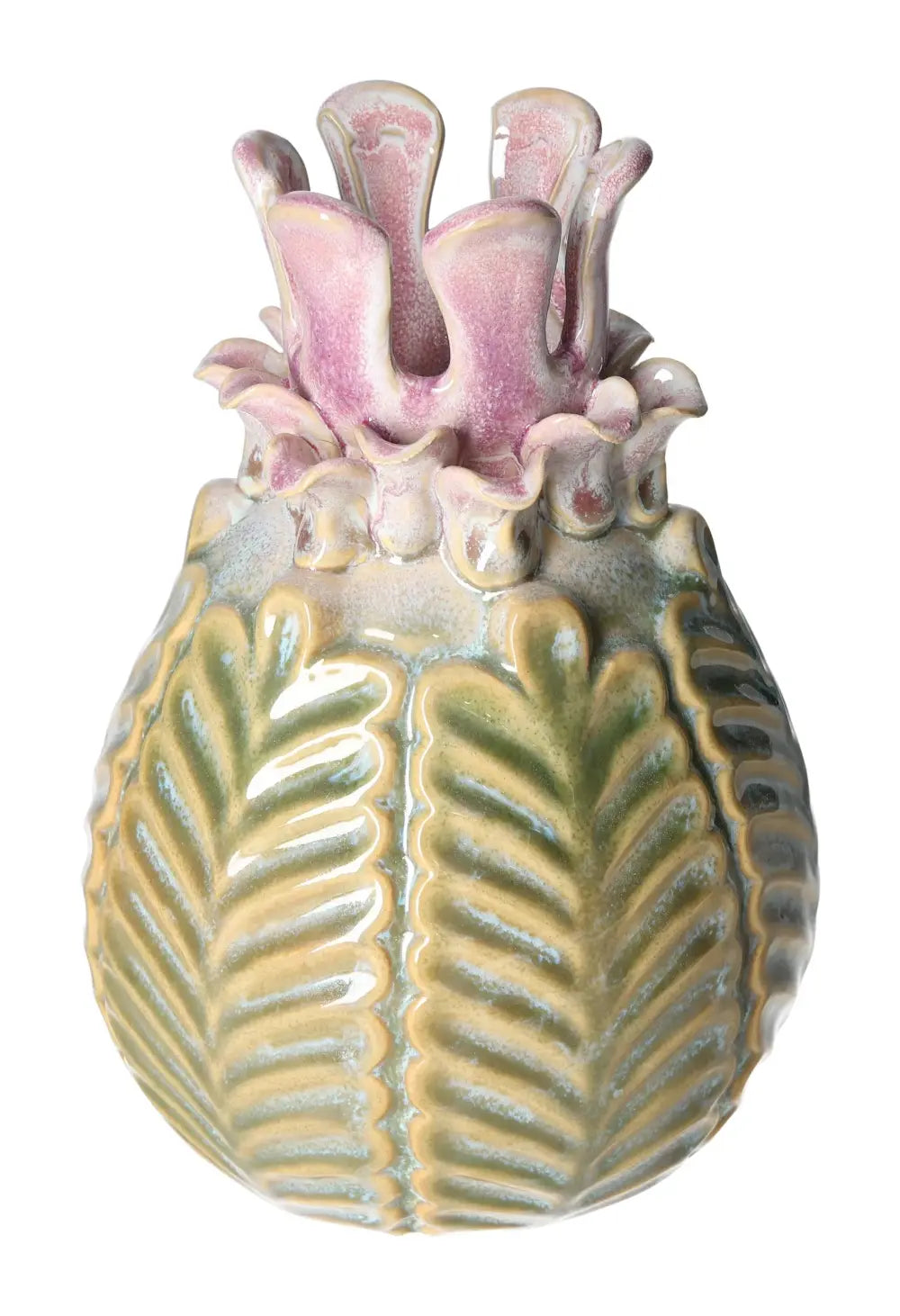 Colorful stoneware vase with intricate leaf pattern design and pink flower top. Decorative piece for luxury and conscious living spaces.