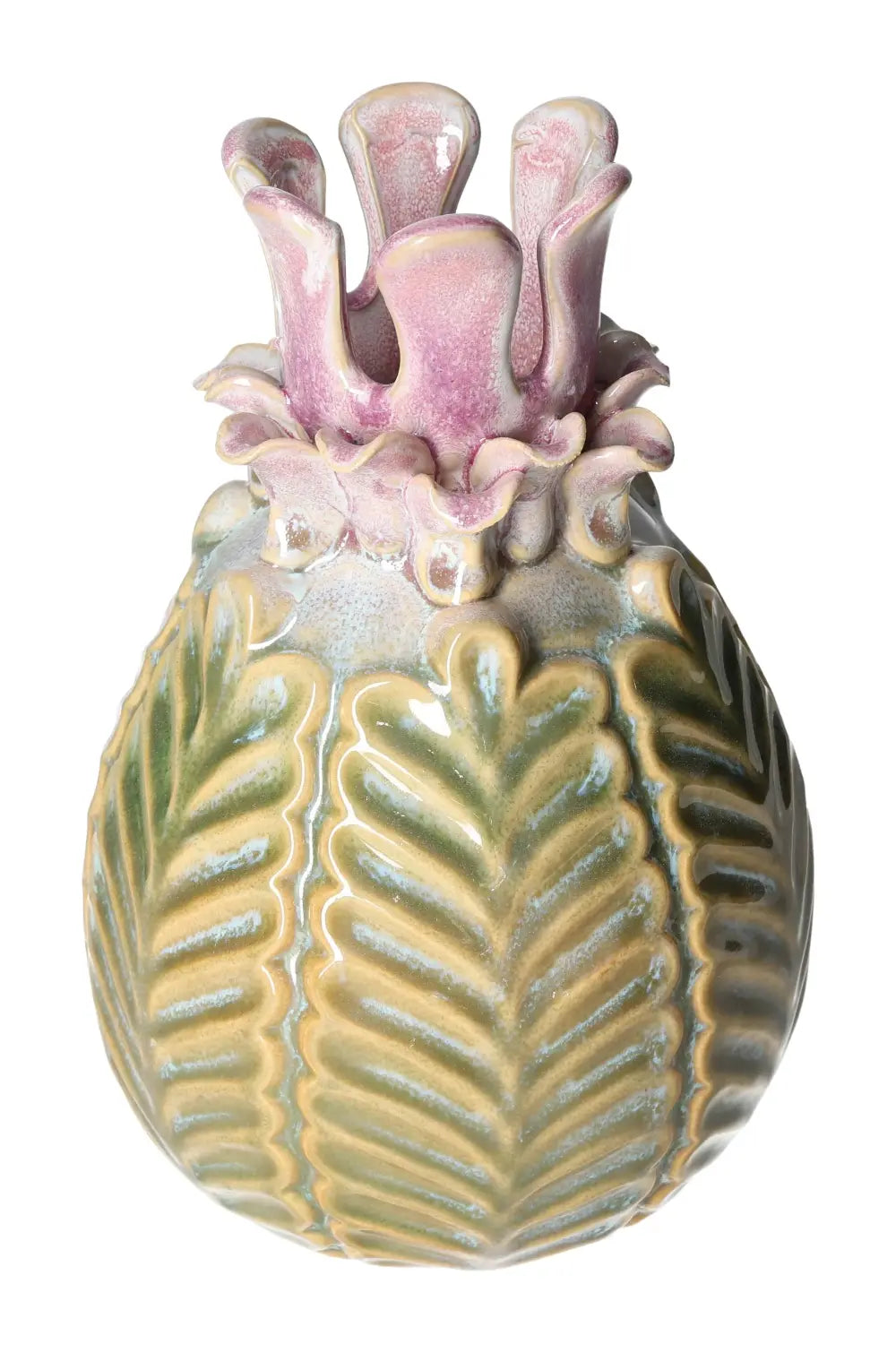 Colorful stoneware vase with leaf pattern and pink floral top, 15x15x21.5 cm, showcasing vibrant design by Sylvia Crystals.