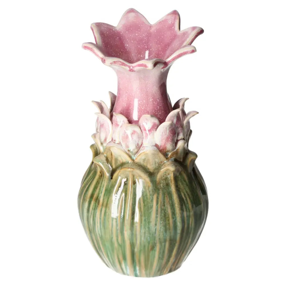 Colorful stoneware vase with pink floral top and green textured body, 14.5x14.5x27.5, from Sylvia Crystals, adding elegance to home decor.