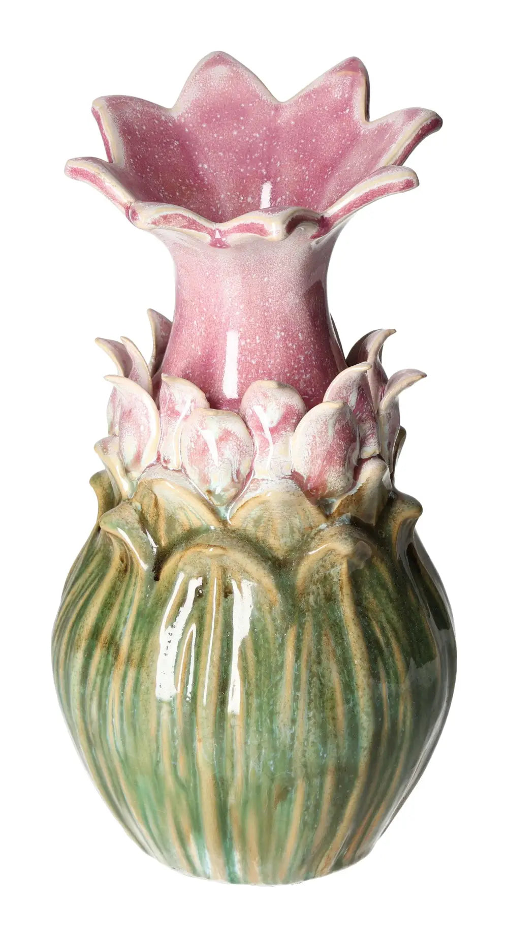 Colorful stoneware vase with pink and green floral design, 14.5x27.5 cm, adding sophistication to home decor by Sylvia Crystals.