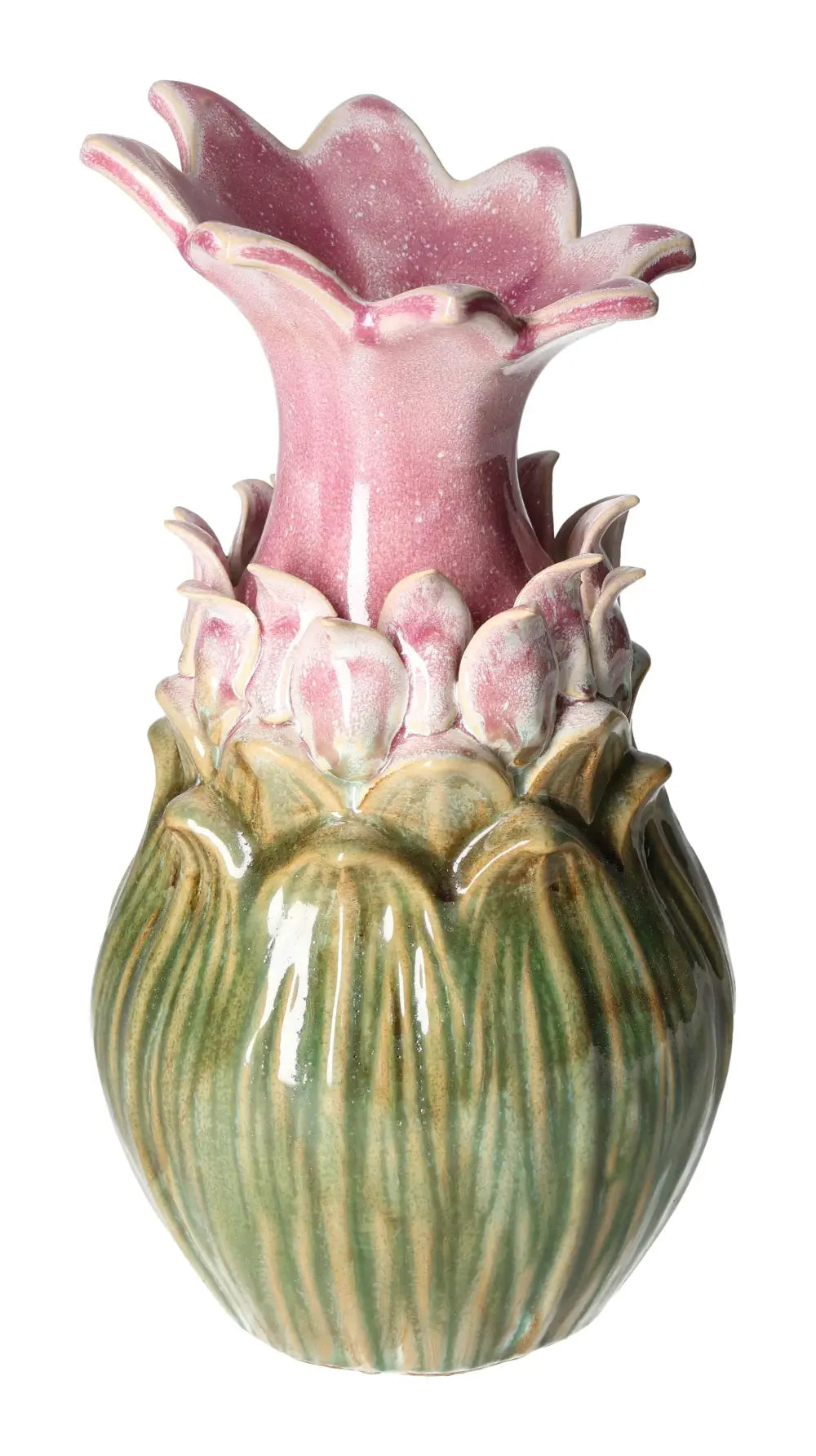 Colorful stoneware vase 14.5x14.5x27.5 with artistic floral design, featuring pink and green hues, crafted by Sylvia Crystals.