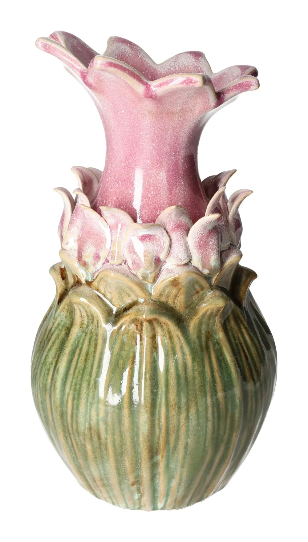 Colorful stoneware vase with pink floral top and green base, 14.5x14.5x27.5 cm, crafted by Sylvia Crystals for elegant home decor.