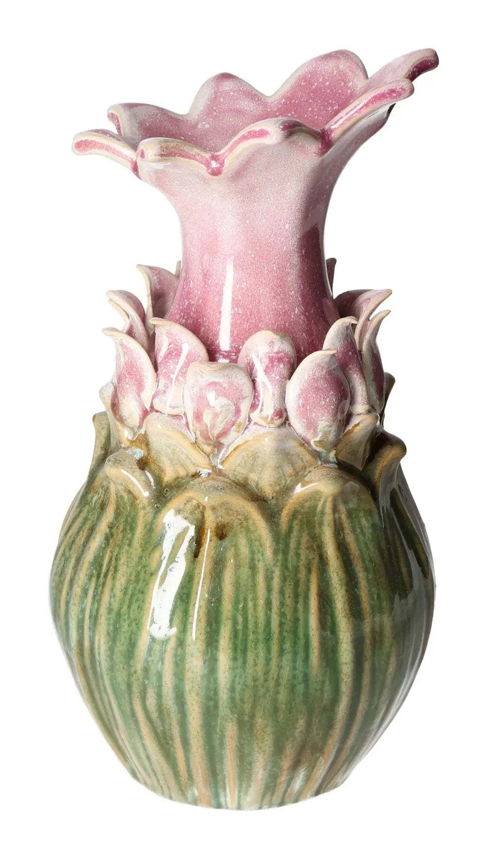 Colorful stoneware vase by Sylvia Crystals, featuring a vibrant green and pink floral design with a unique textured finish.