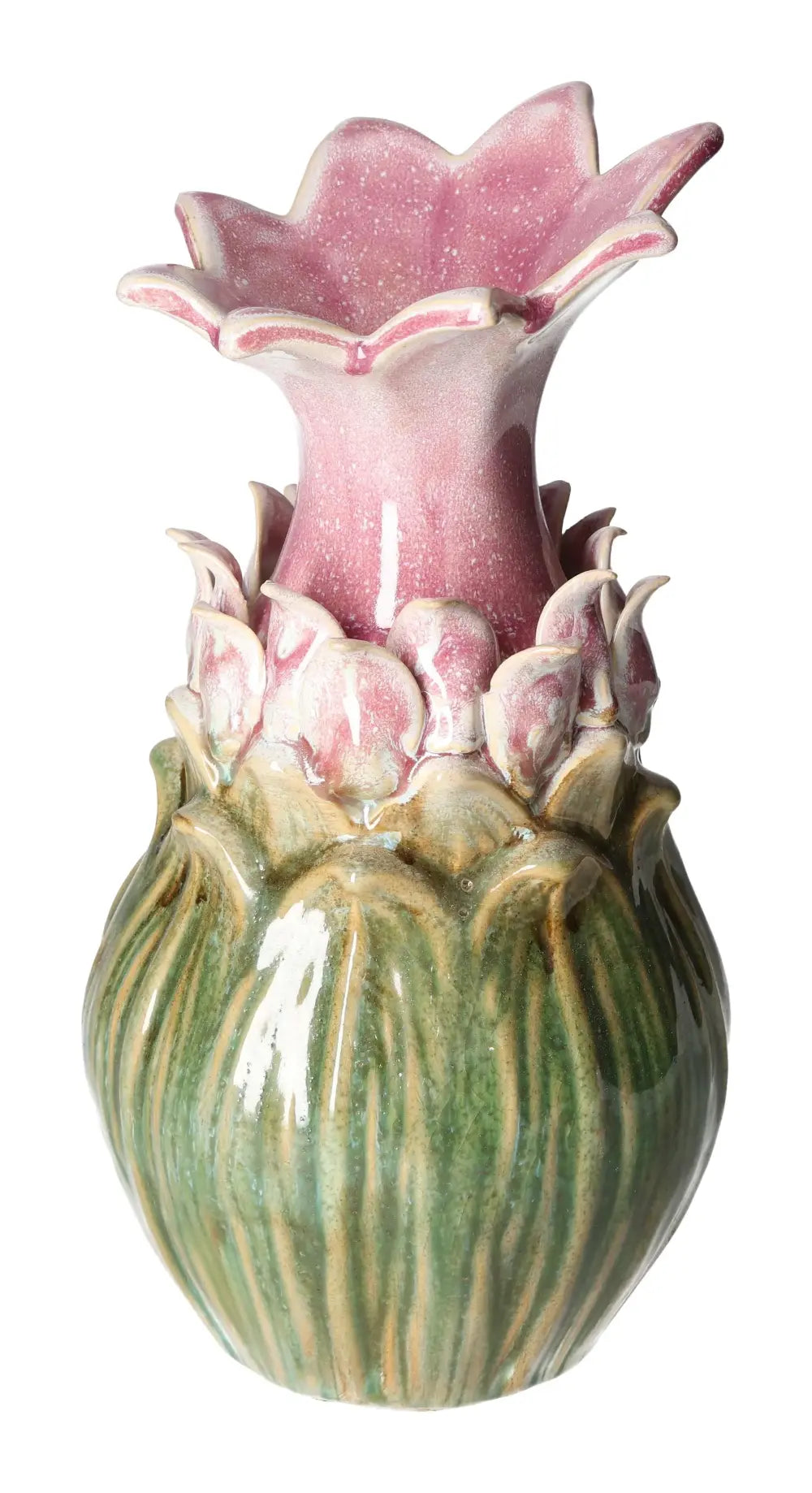 Colorful stoneware vase with pink floral design and green textured base, 14.5x14.5x27.5 cm, by Sylvia Crystals.