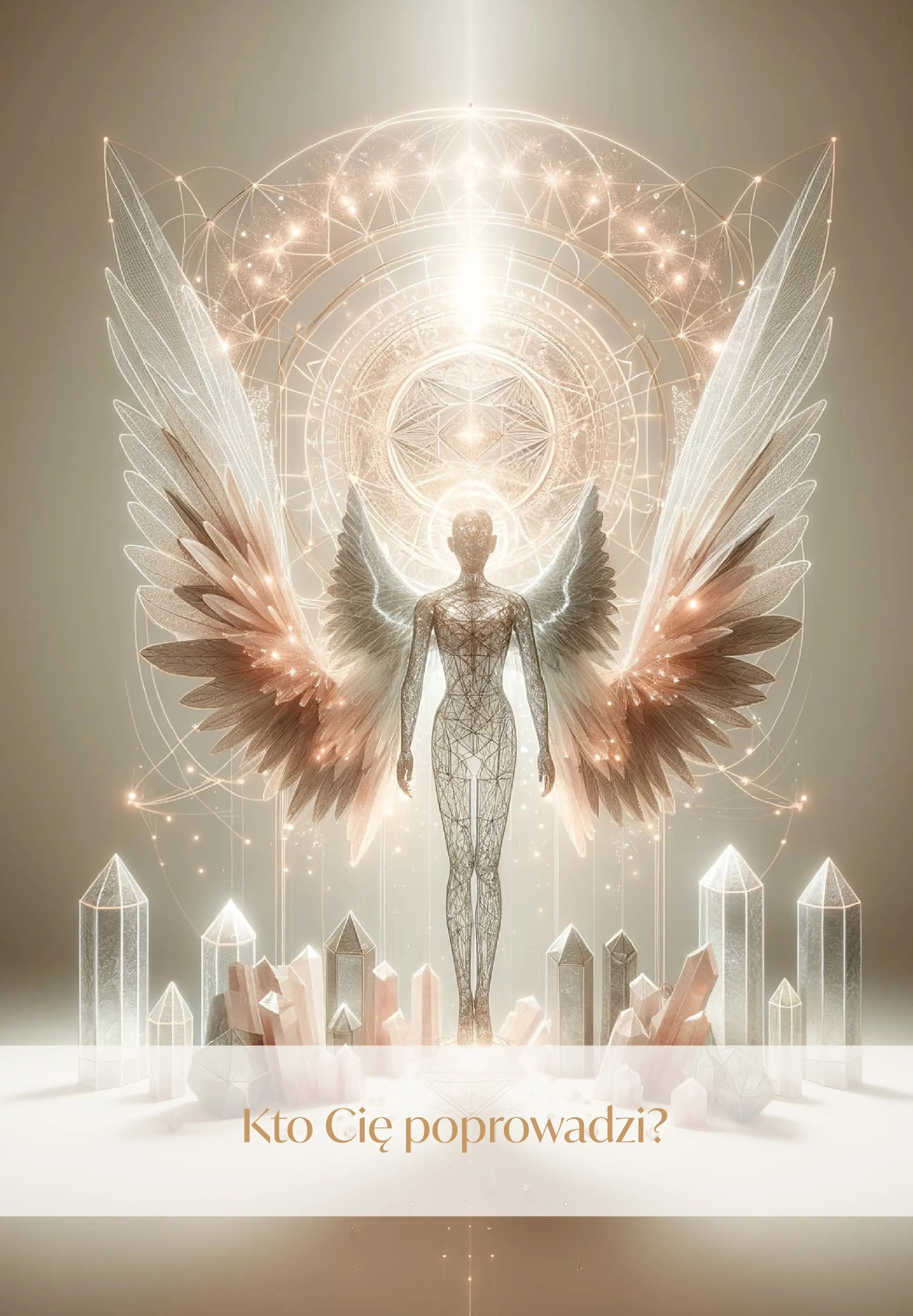 Ethereal figure with wings amidst crystals, representing spiritual awakening and transformation in a mystical setting.