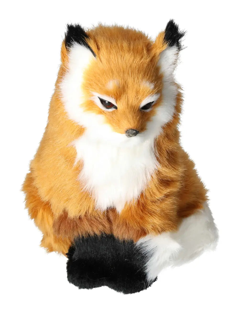 Plush fox toy with lifelike features, sitting upright. Crafted in realistic colors, perfect for home decor or as a cherished gift.