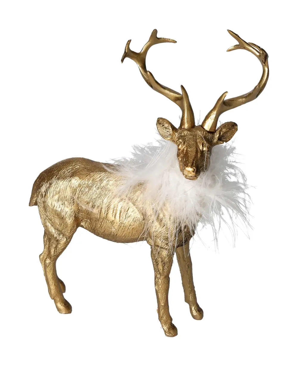Handcrafted Gold Poly Deer Figurine with Feather Detailing, embodying luxury and elegance from Sylvia Crystals.