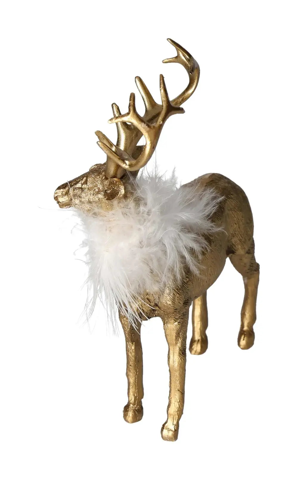 Luxurious poly gold deer sculpture with white feather collar, crafted by Sylvia Crystals, showcasing elegant and refined artistry.