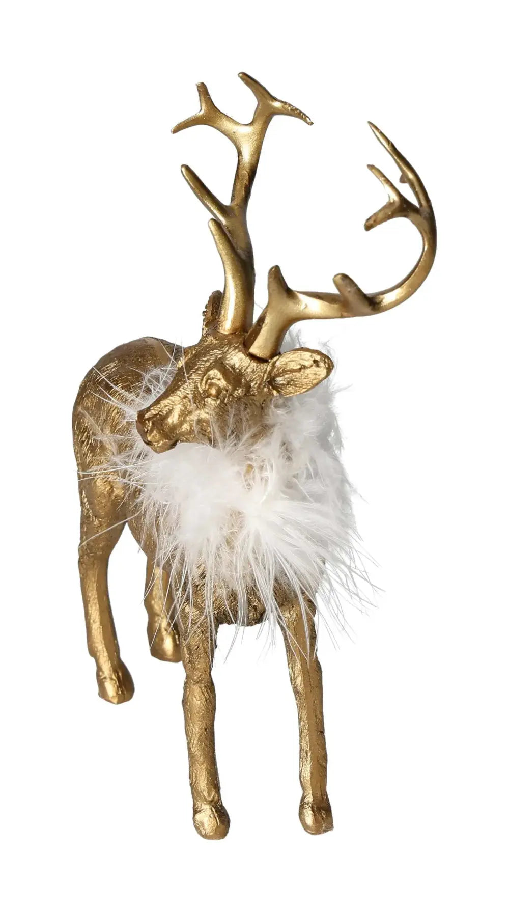 Elegant deer figurine made of poly gold, featuring detailed craftsmanship and a luxurious feather accent, by Sylvia Crystals.