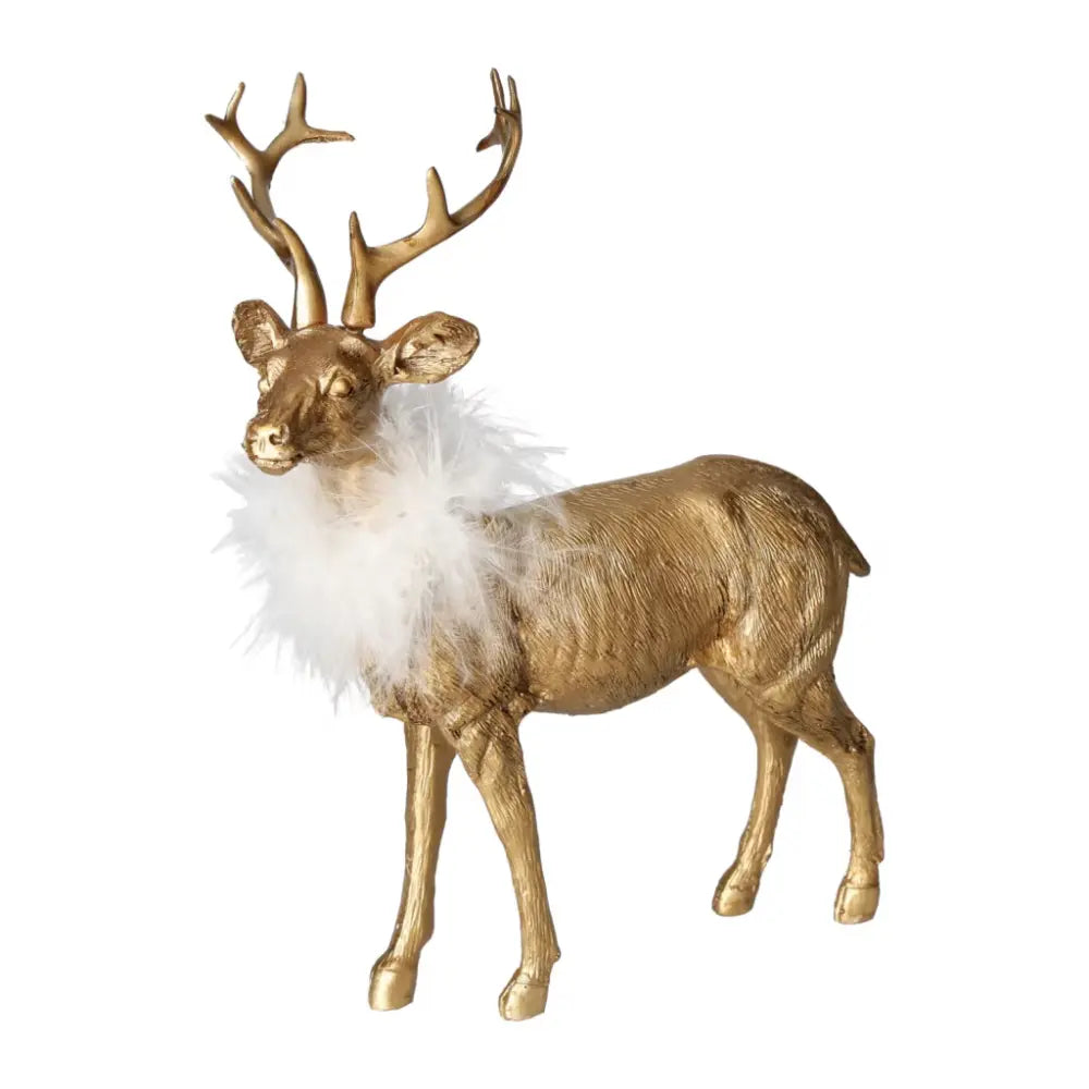 Golden polyresin deer figurine with white feather decoration, perfect for holiday decor and elegant home styling.