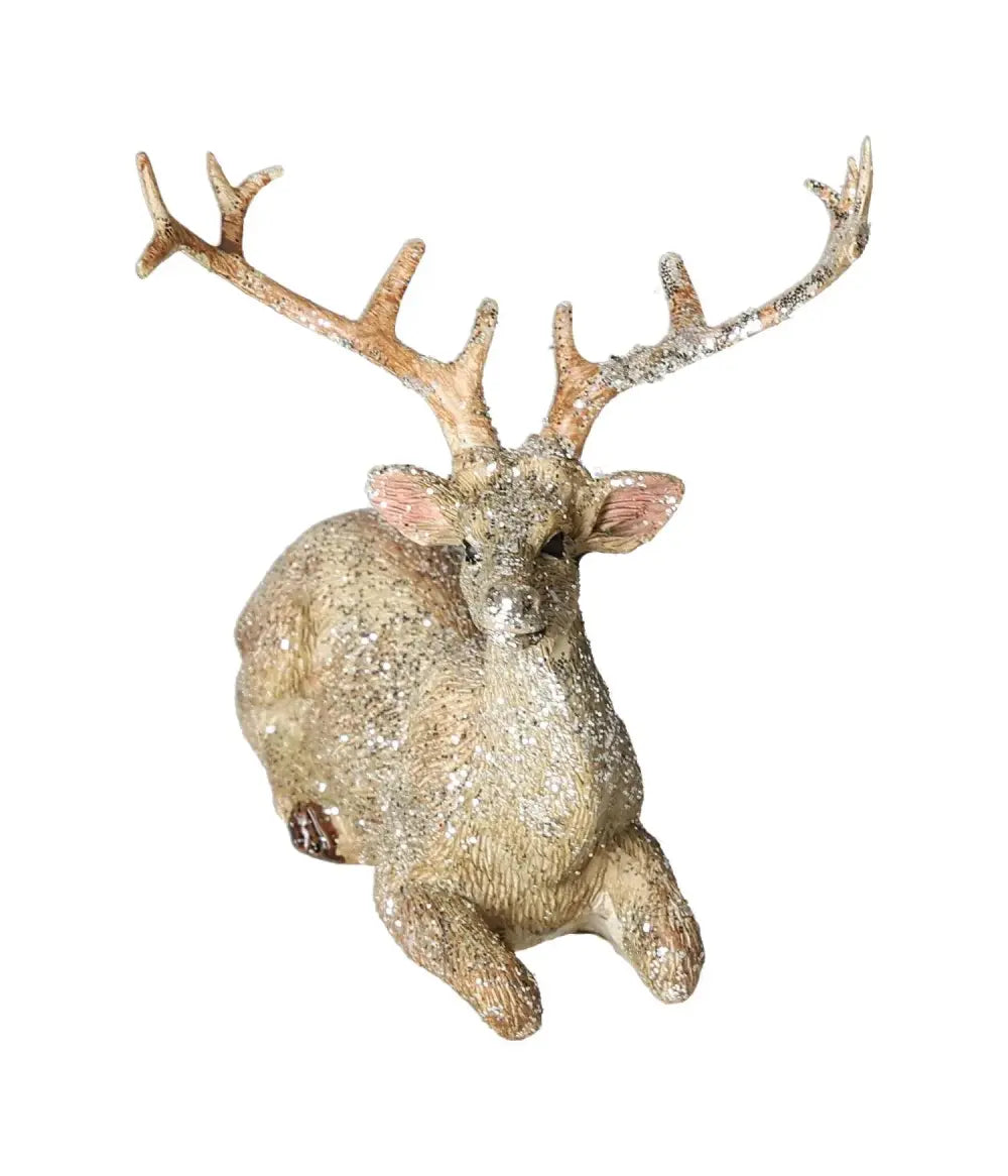Elegant Deer with Glitter Lying, Poly Champagne Sculpture by Sylvia Crystals, showcasing luxurious craftsmanship and sparkle.