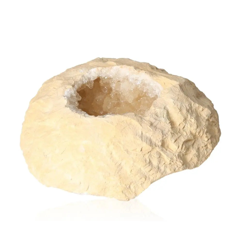 Dogtooth Calcite Geode XXL featuring sharp calcite crystals inside, ideal for energy amplification and spiritual growth.