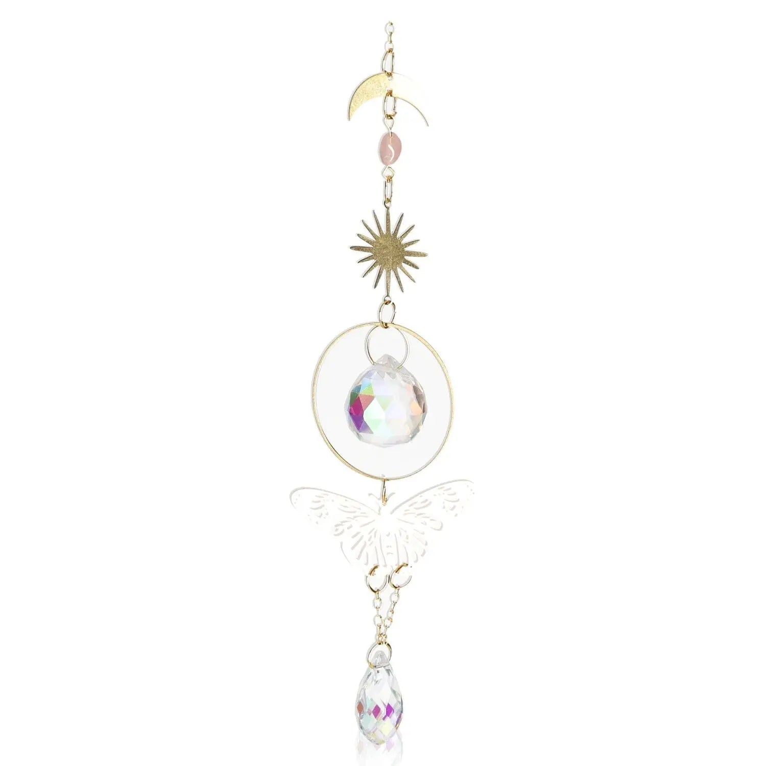 Dreamy Suncatcher-A with a butterfly design and crystal accents, catching light and reflecting colorful prisms, perfect for home decor.