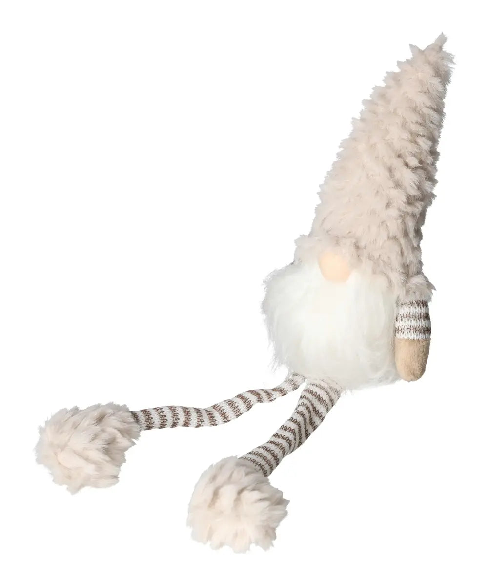 Plush gnome doll with fuzzy beige hat and striped legs, featuring a white beard and pom-pom feet on a white background.