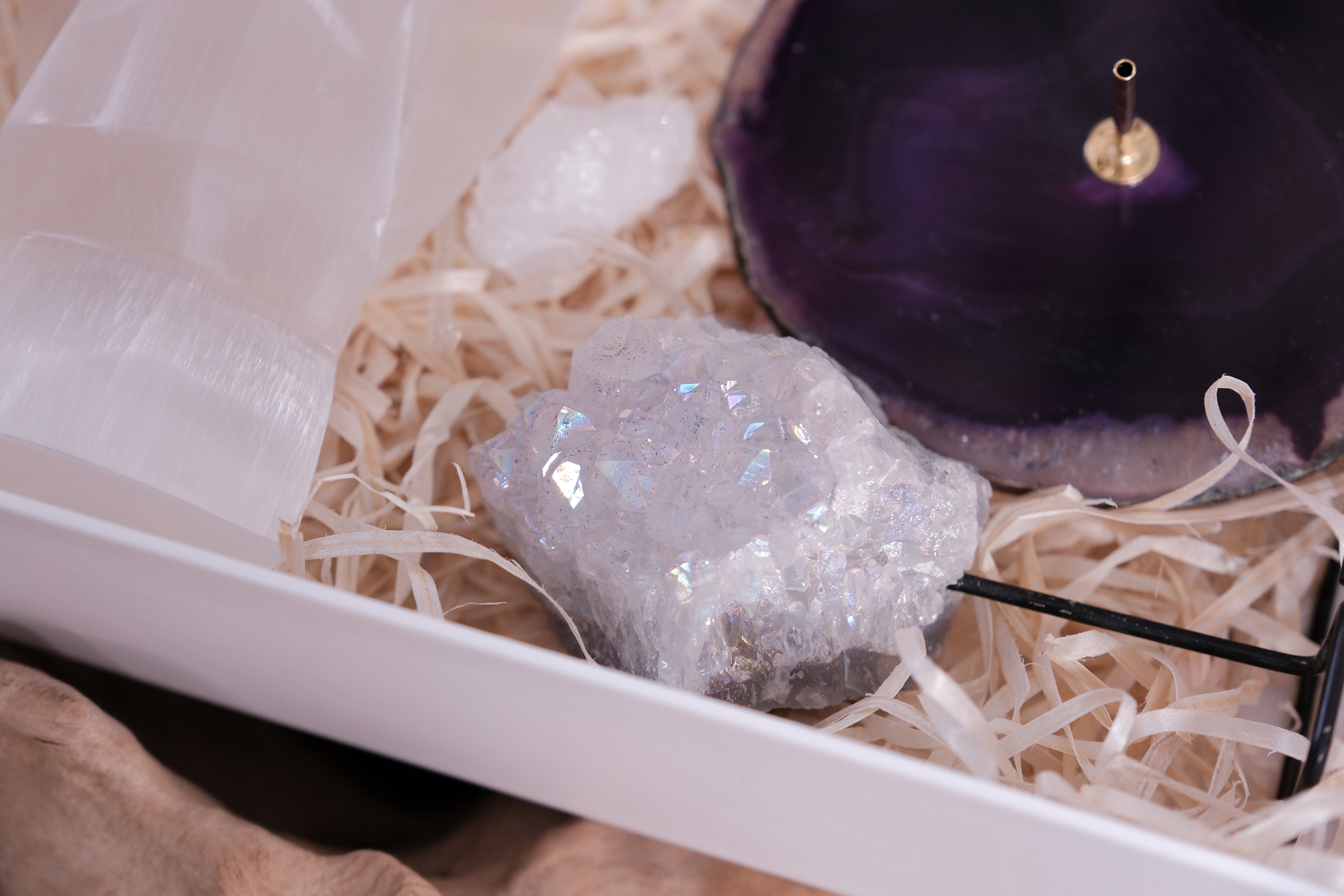 Shimmering Glory Christmas gift box with hand-selected Sylvia crystals for peace, beauty, and positive energy.