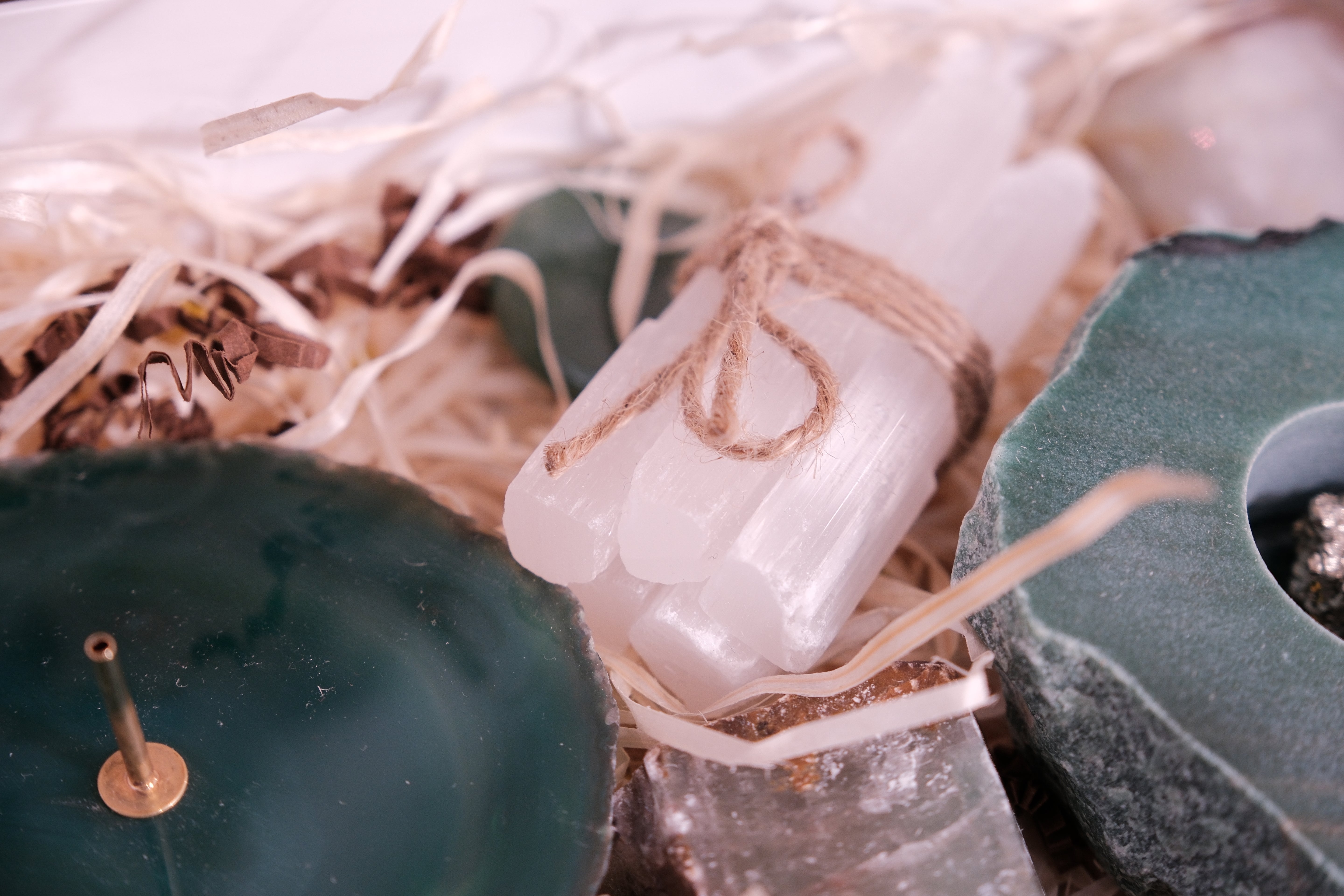 Christmas gift box with crystals and spiritual tools for balance and tranquility.