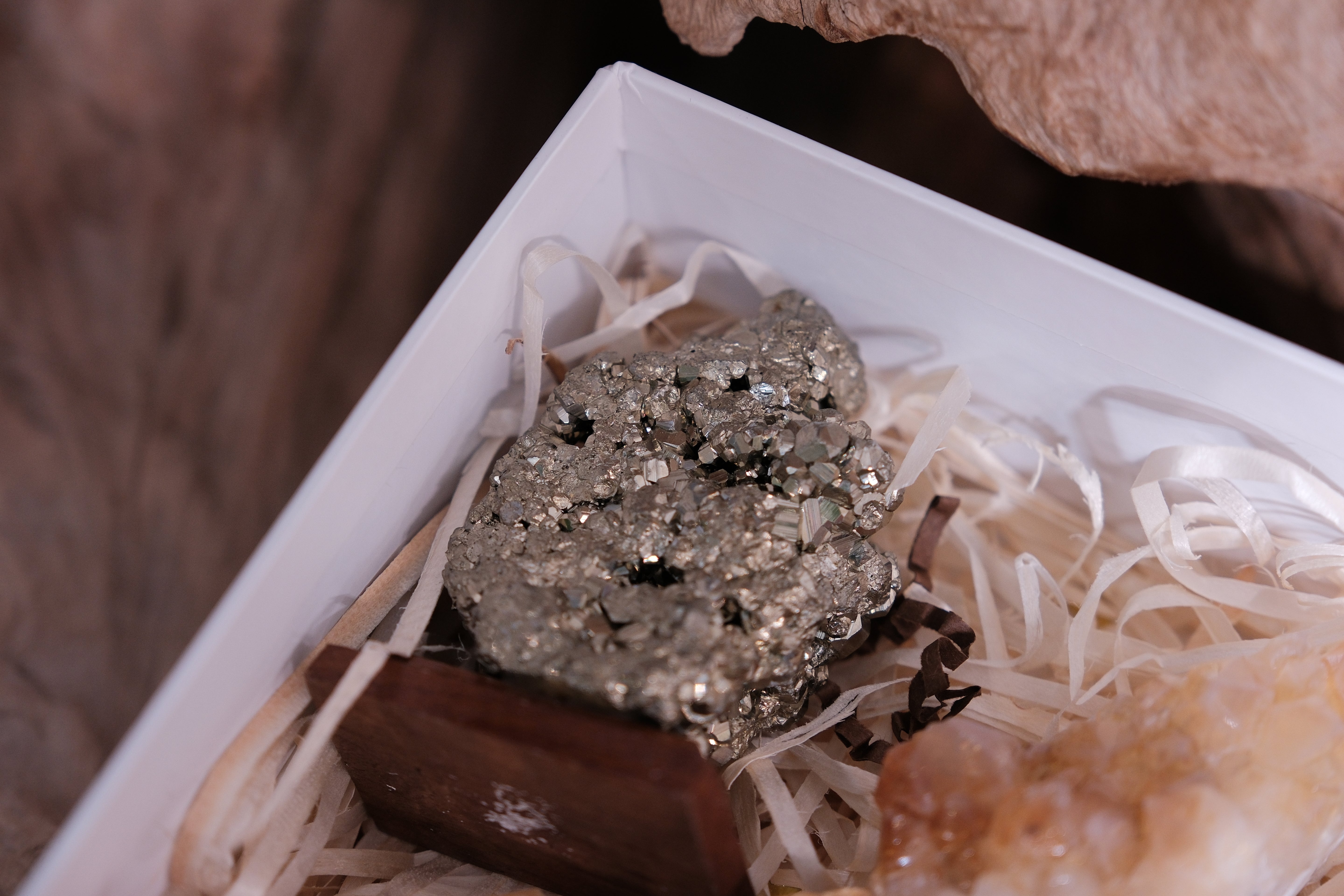 Sylvia Crystals Gift Box featuring rough Pyrite displayed in a decorative box with delicate packing materials