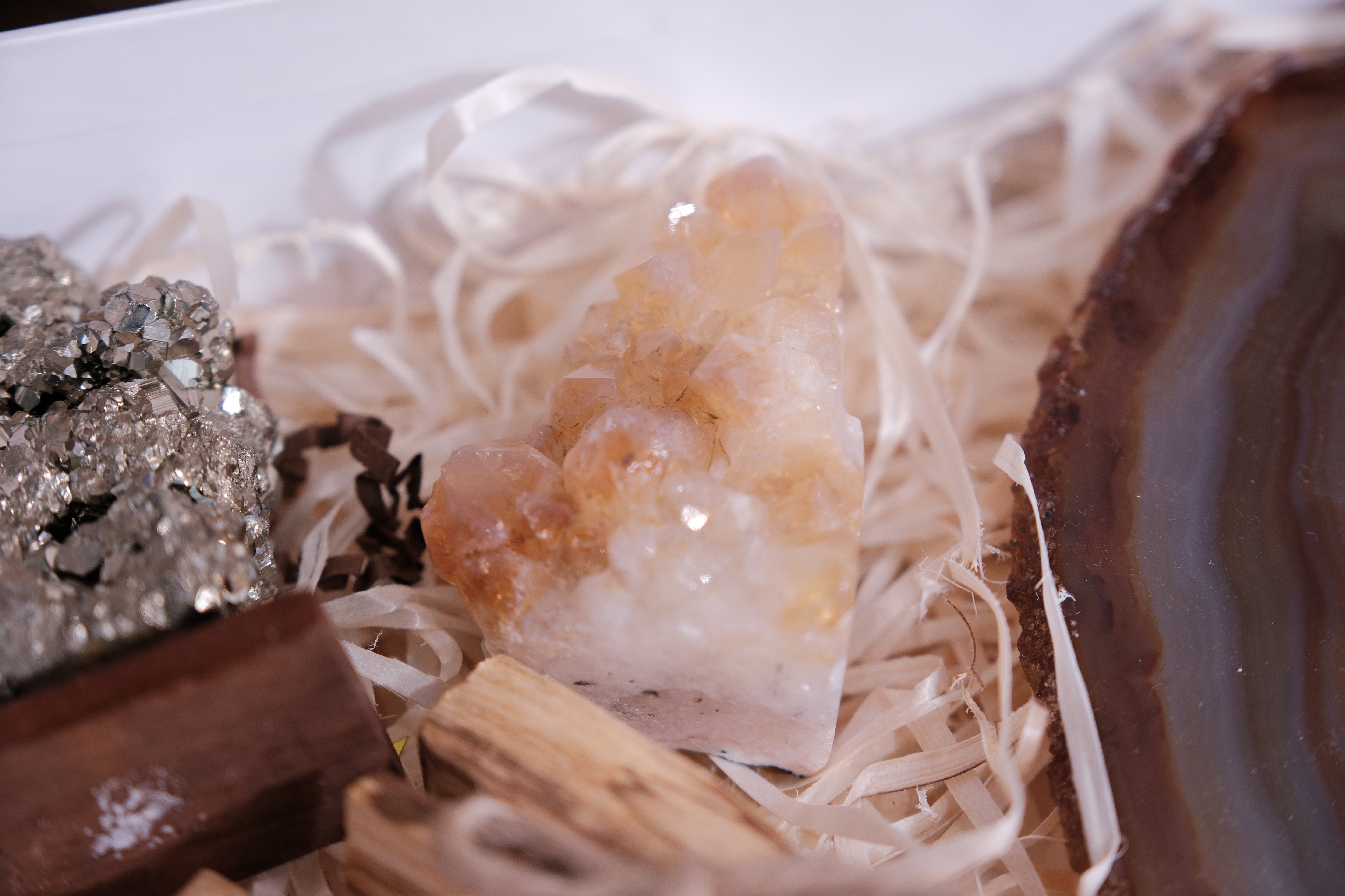 "Sylvia Crystals Gift Box with Rough Pyrite and Citrine, a perfect gift for crystal enthusiasts and spiritual seekers"