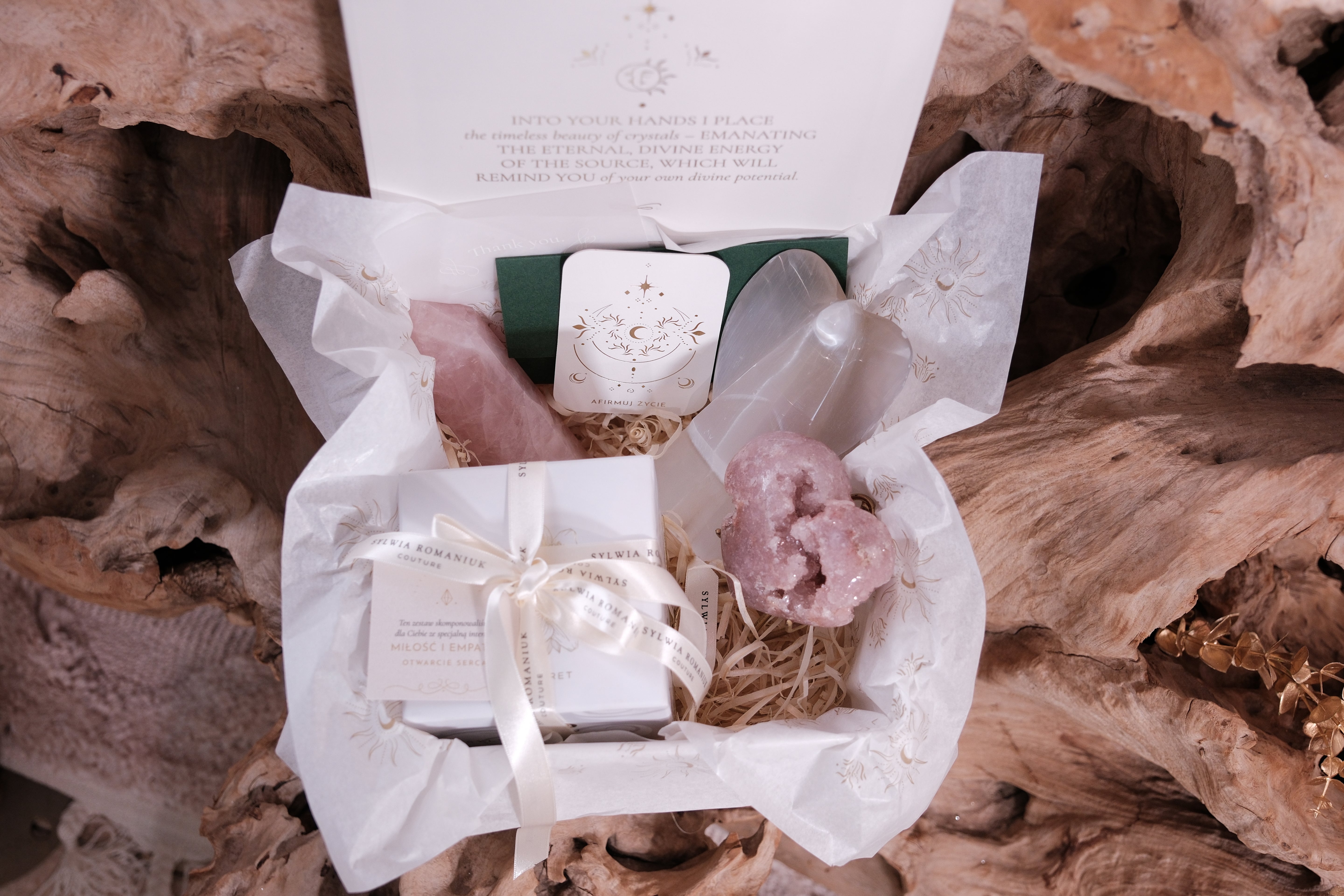 Deluxe Christmas Gift Box featuring Pink Amethyst and Candle for Love, Peace, and Positive Energy in Elegant Crystals Gift Set