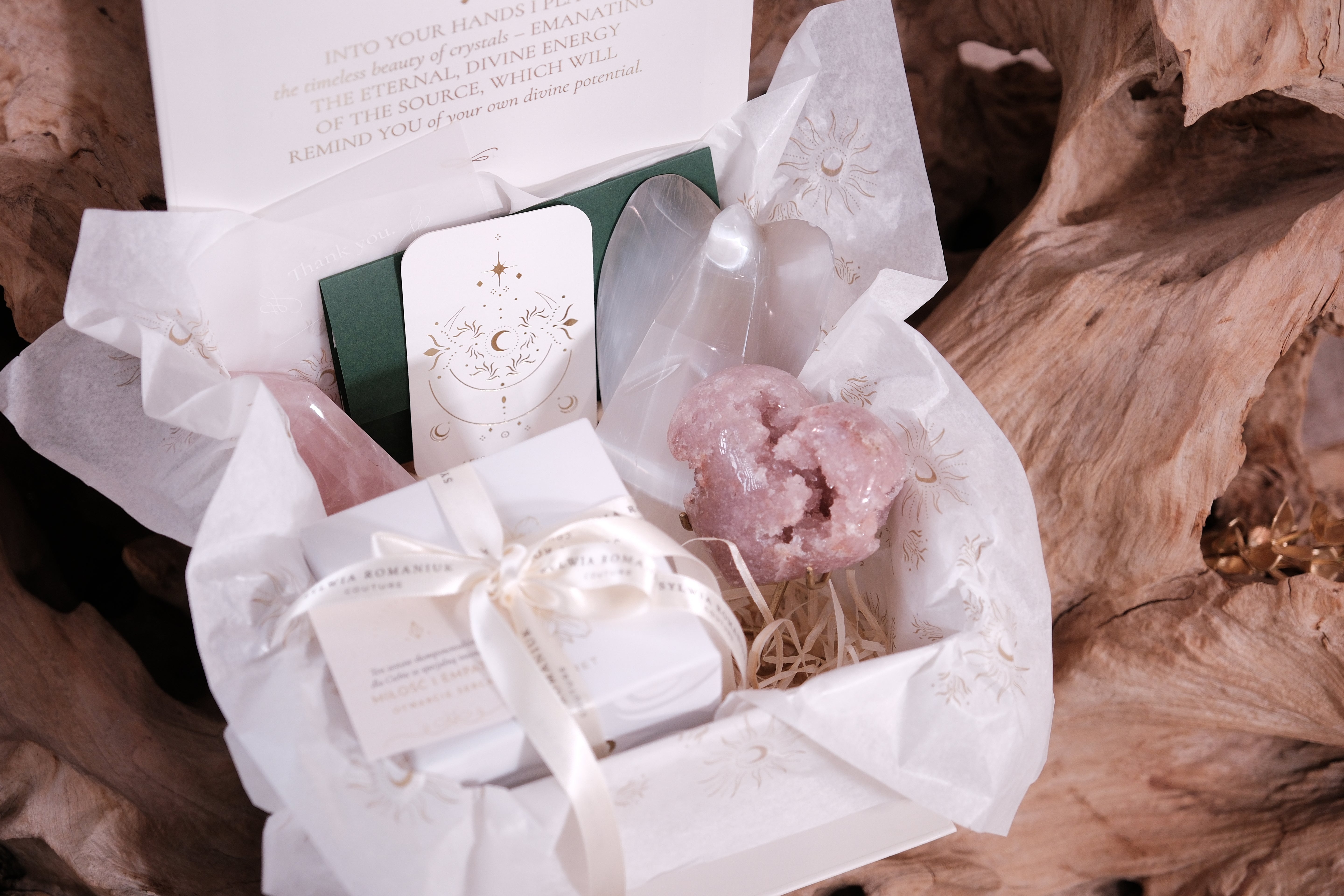 Deluxe Christmas Gift Box with pink amethyst crystal and candle for love and peace.