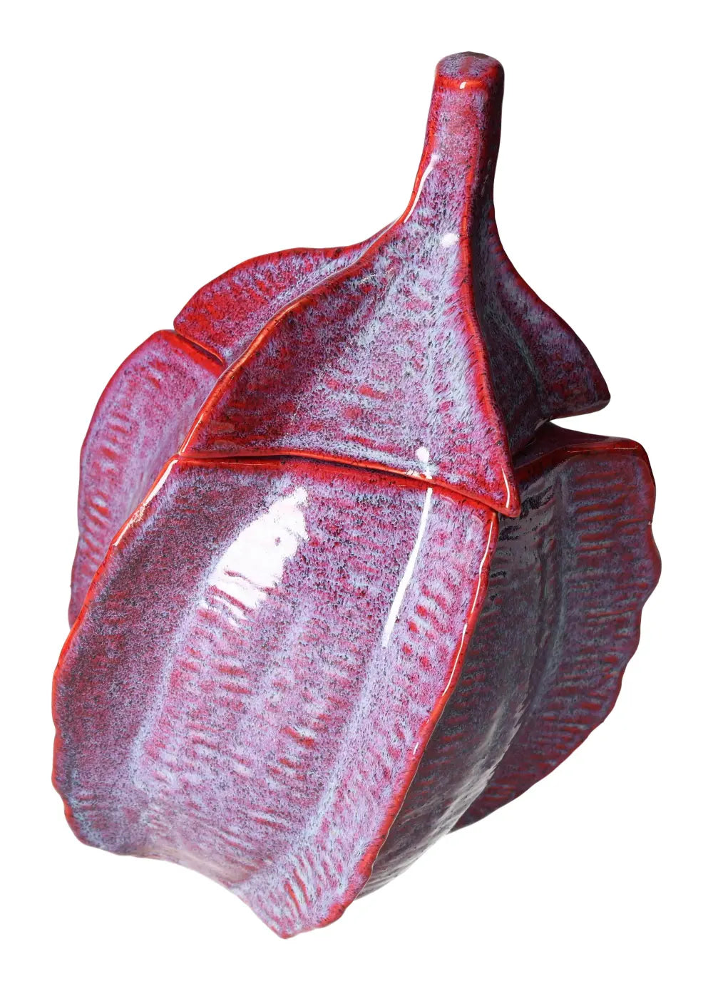 Elegant purple earthenware jar in leaf shape, embodying luxury craftsmanship and tranquility, Sylvia Crystals collection.