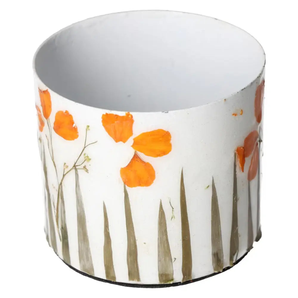 Ivory colored planter with orange flower motif, 9x9x8 inches, designed by Sylvia Crystals, showcasing elegant craftsmanship and design.