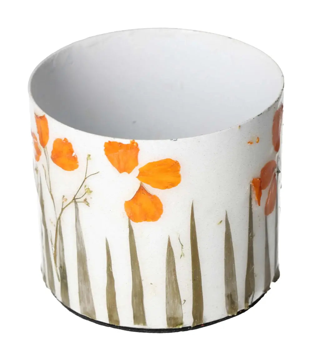 Ivory Colored Planter with Floral Motif, 9x9x8, by Sylvia Crystals, showcasing premium design and craftsmanship with orange flowers.