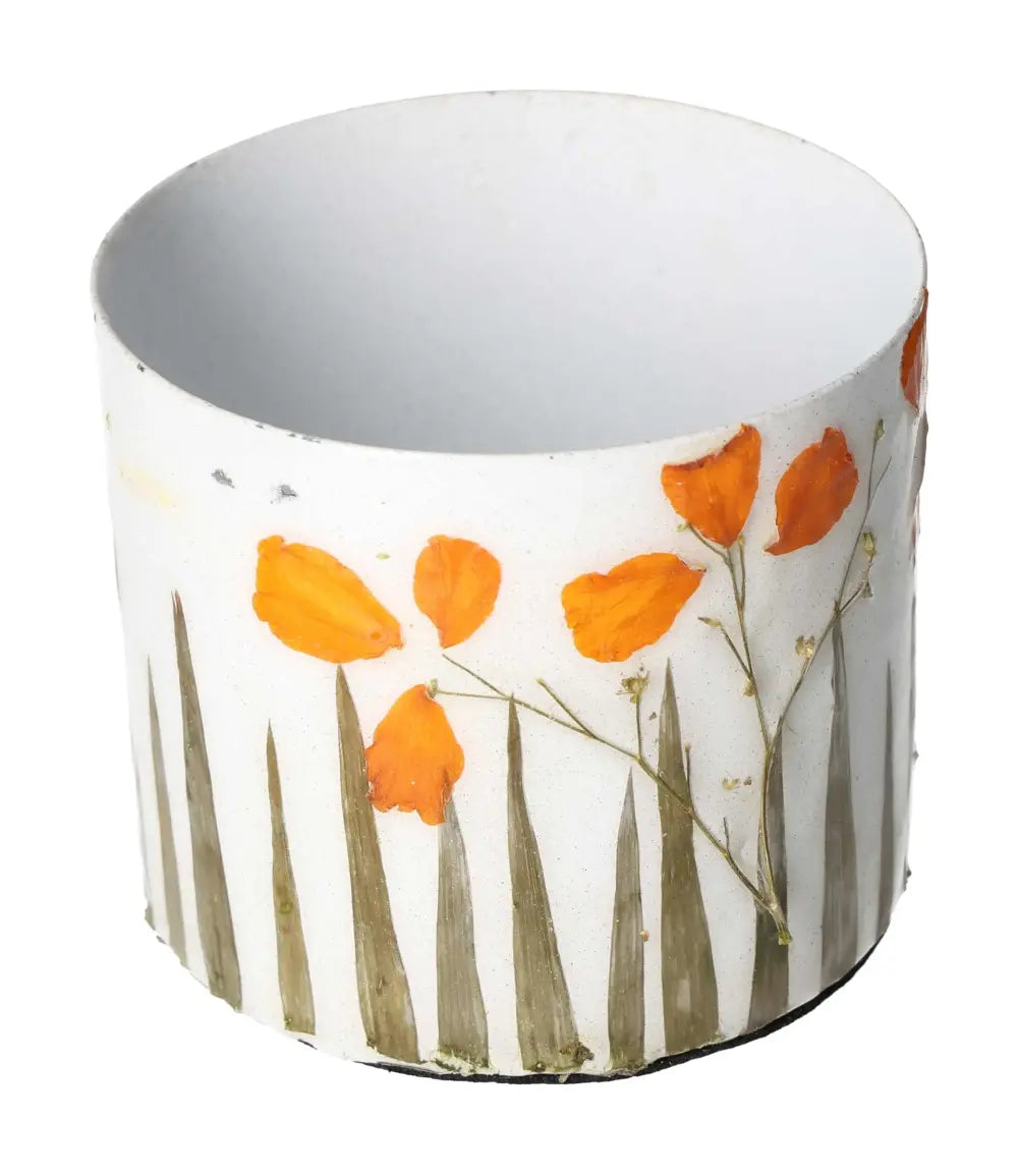 Ivory colored planter with orange flower motif, showcasing premium craftsmanship and luxury design by Sylvia Crystals, 9x9x8 dimensions.