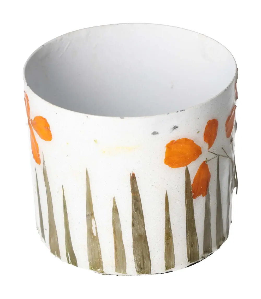 Ivory colored planter with orange flower motif, 9x9x8, showcasing luxury design and craftsmanship by Sylvia Crystals.