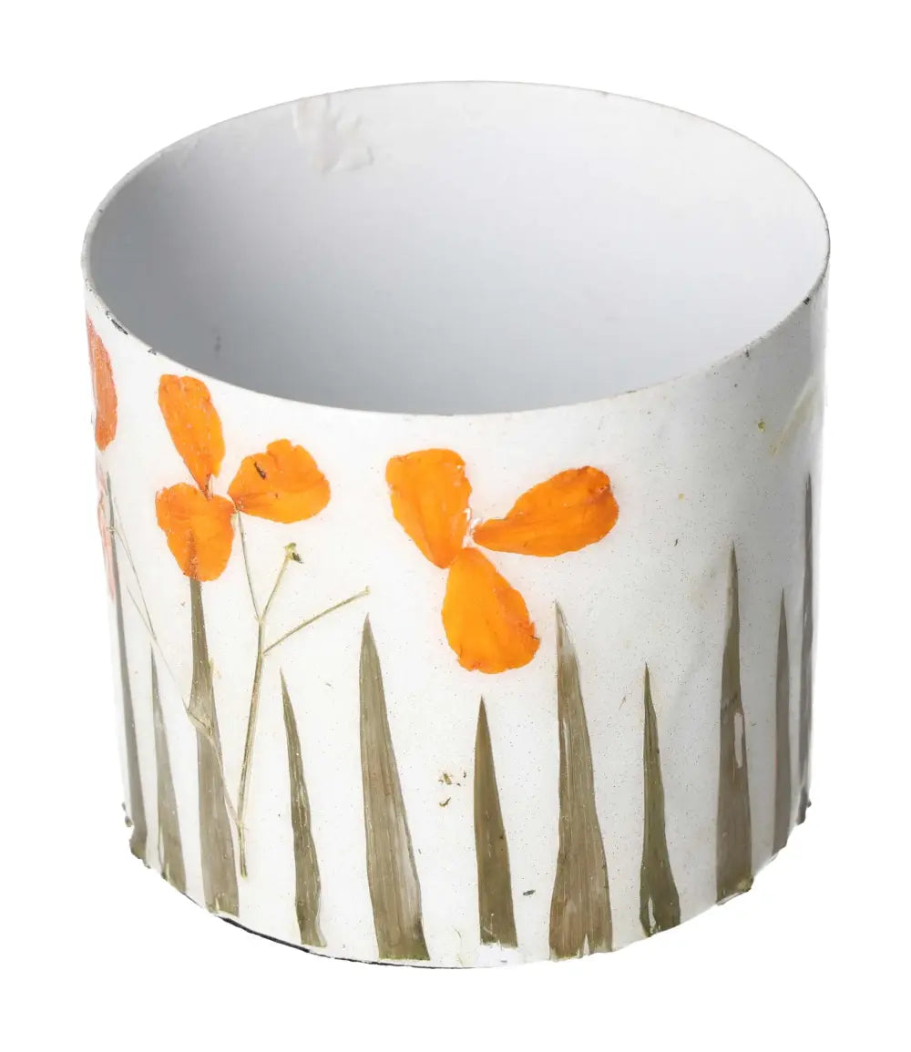 Ivory colored planter with orange flower motif, 9x9x8 "Sylvia Crystals" design, luxury decor with handcrafted detail.