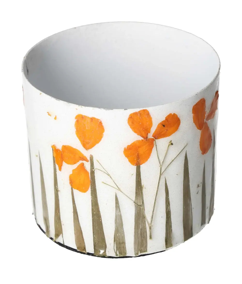 Ivory colored planter with orange flower motif by Sylvia Crystals, 9x9x8, showcasing premium craftsmanship and attention to detail.