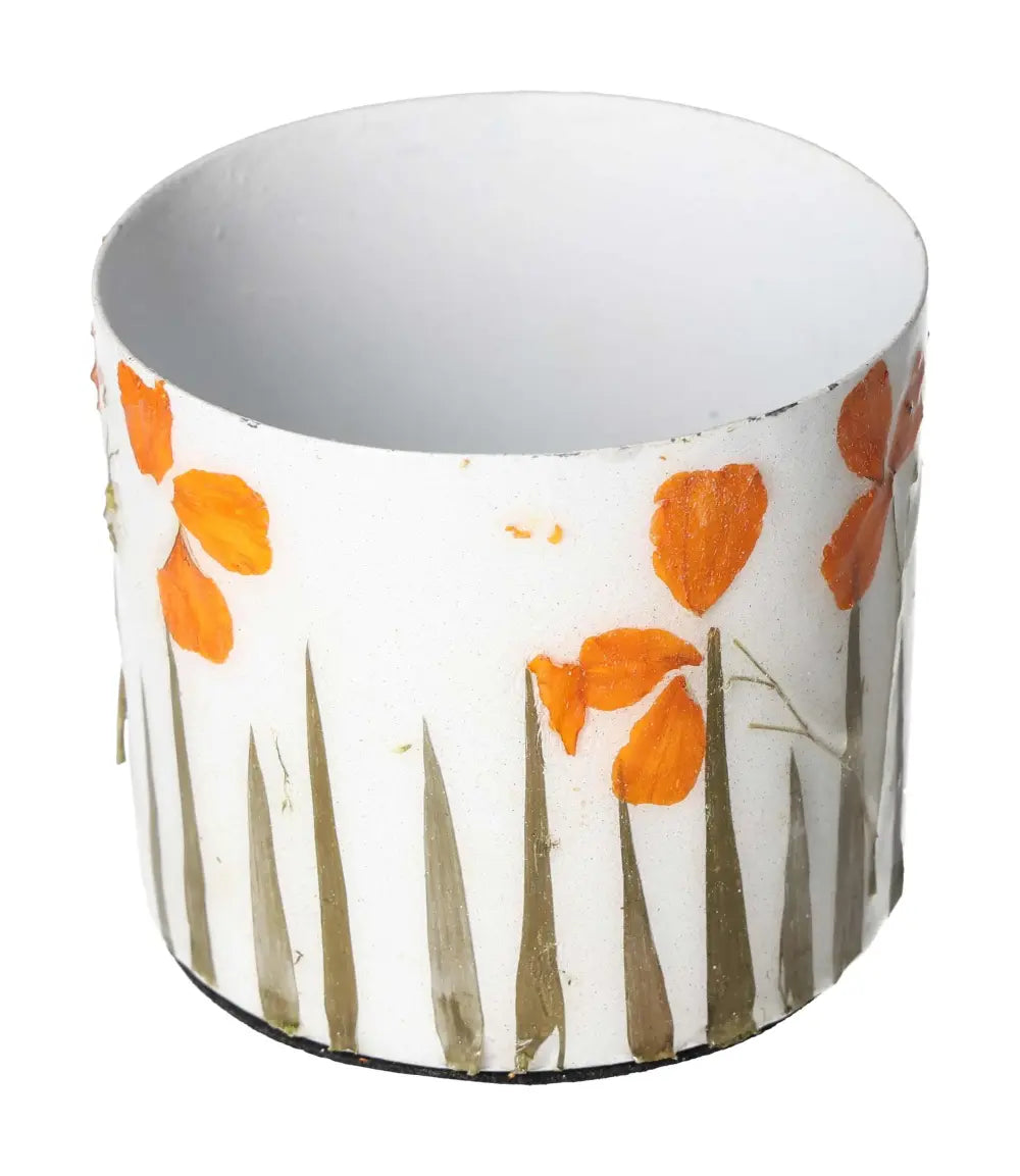 Ivory colored planter with orange flower motifs, 9x9x8, showcasing premium craftsmanship by Sylvia Crystals.