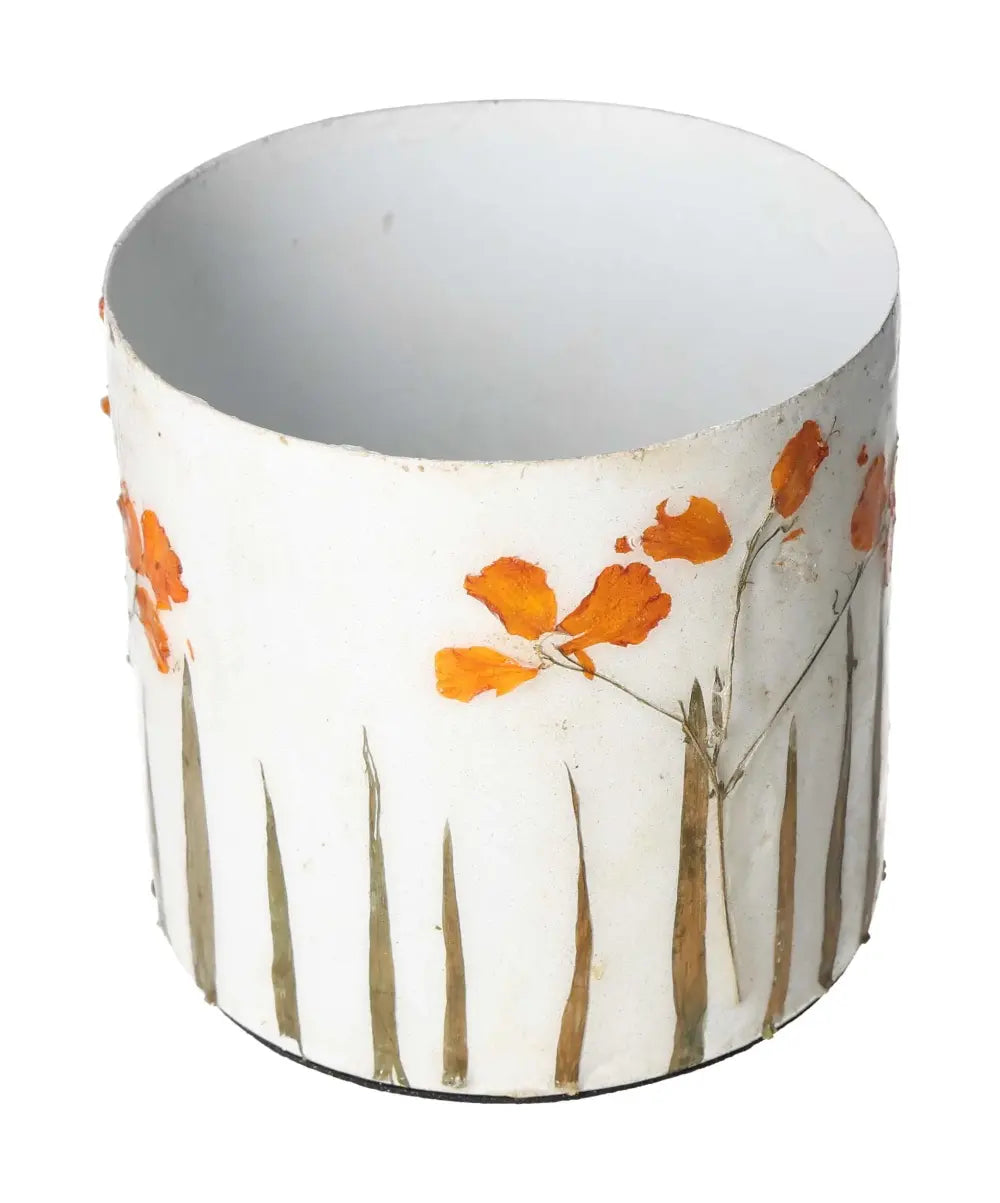 White planter with orange flower motifs by Sylvia Crystals, 11x11x10 dimensions, elegant home decor.